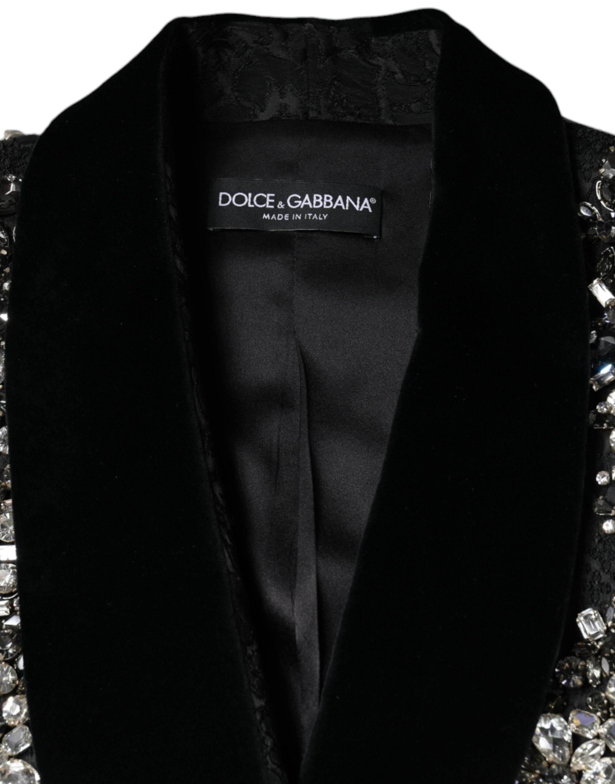 Dolce & Gabbana Black Jacquard Crystal Floral Jacket Blazer - Hilstor