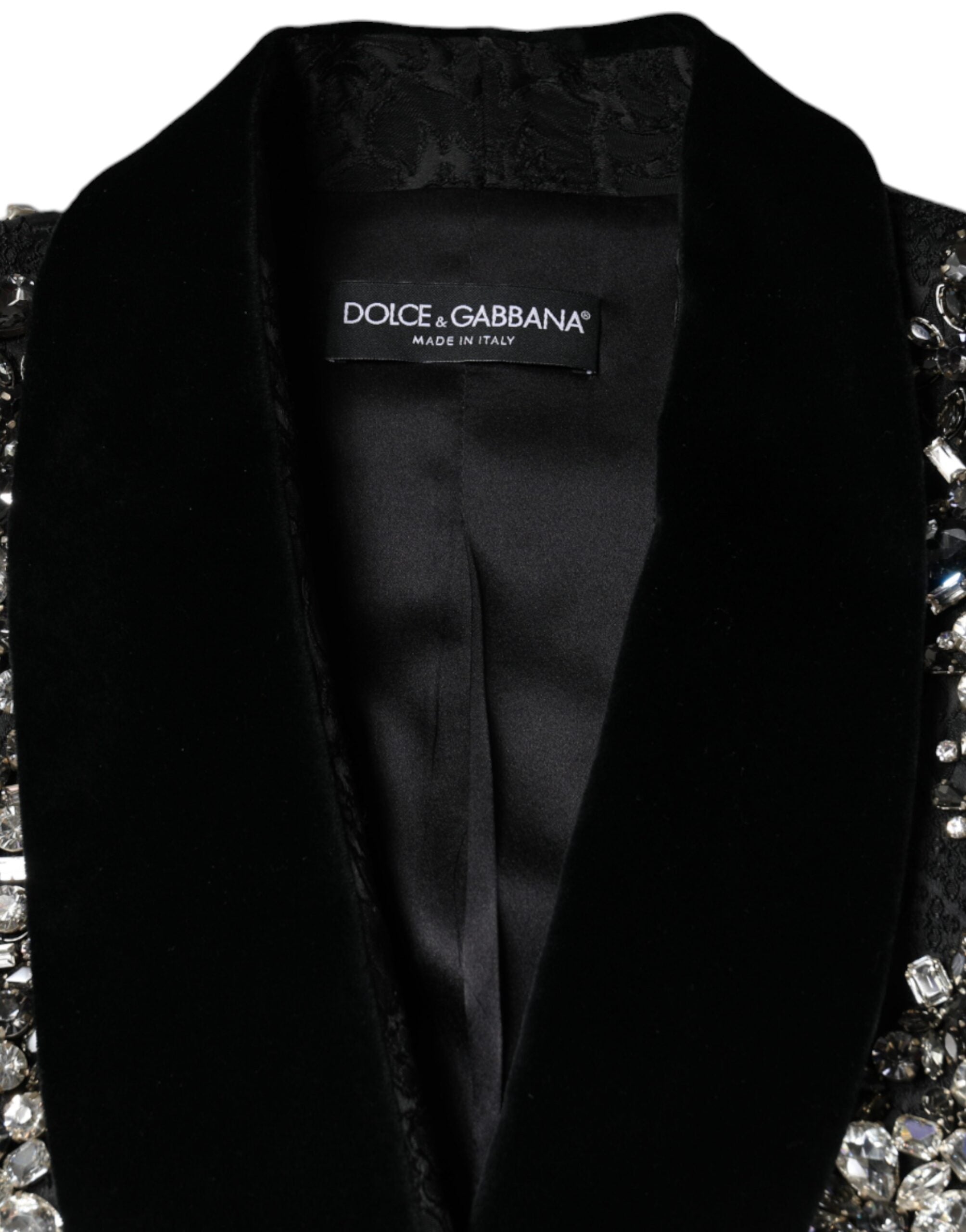 Dolce &amp; Gabbana Black Jacquard Crystal Floral Jakke Blazer