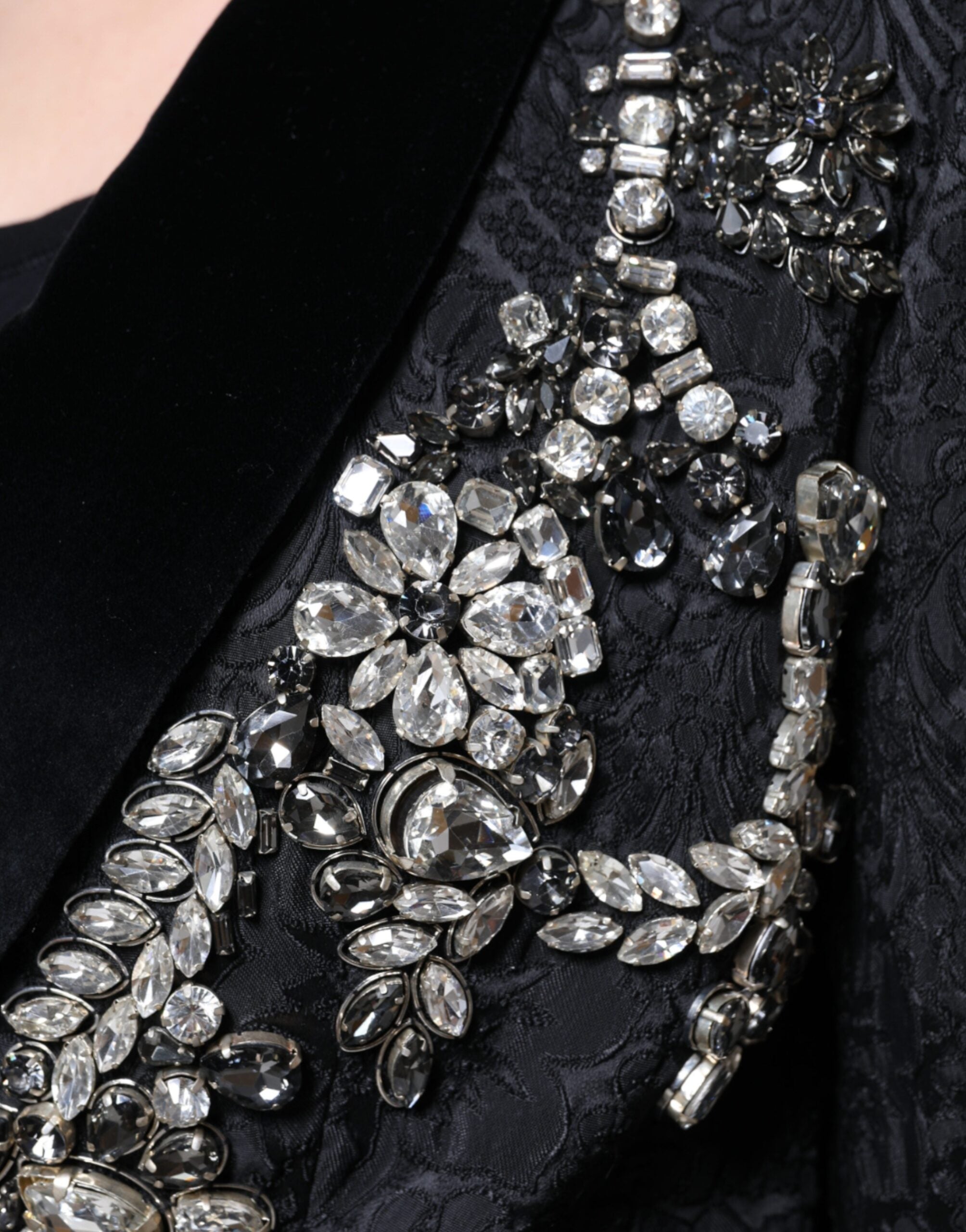 Dolce &amp; Gabbana Black Jacquard Crystal Floral Jakke Blazer