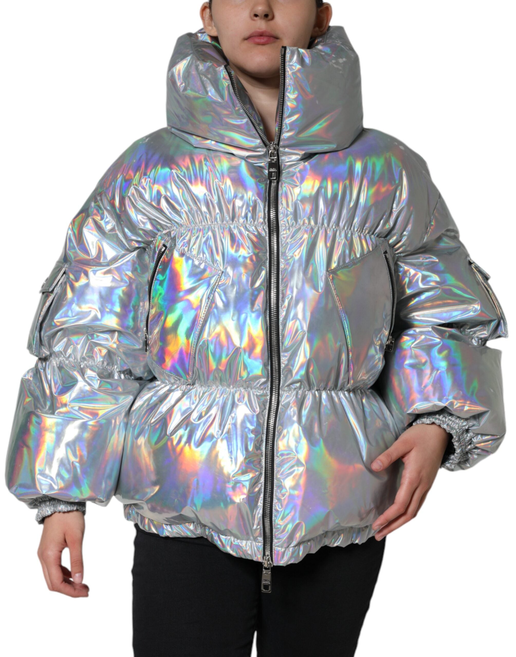 Dolce &amp; Gabbana Silver Iridescent Puffer jakke med fuld lynlås