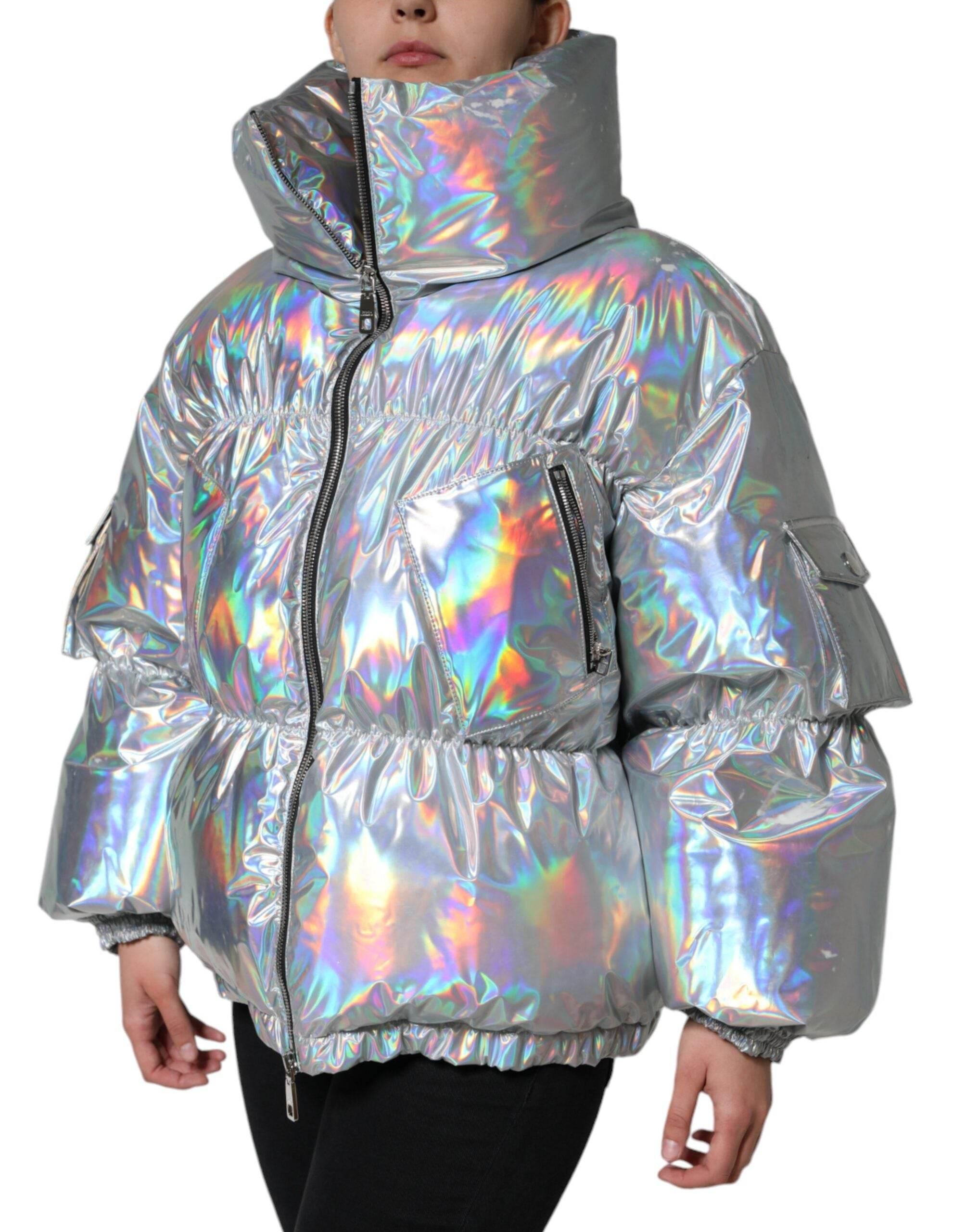 Dolce & Gabbana Silver Iridescent Puffer Full Zip Coat Jacket - Hilstor