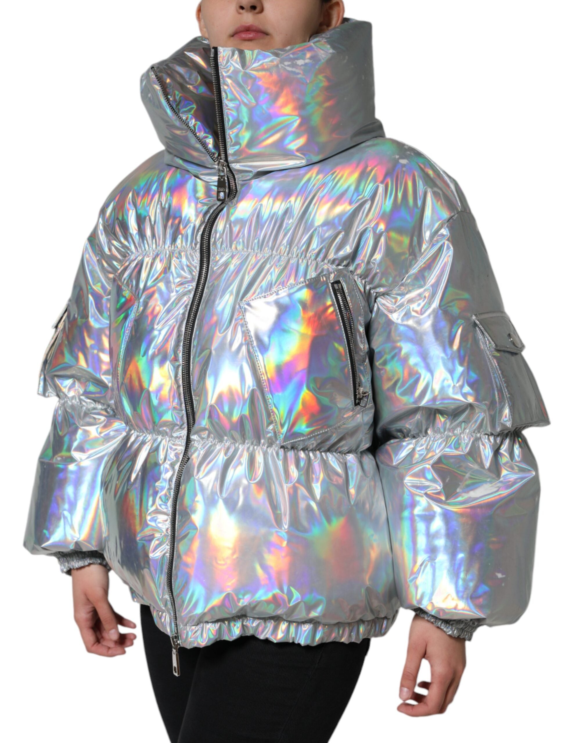 Dolce &amp; Gabbana Silver Iridescent Puffer jakke med fuld lynlås