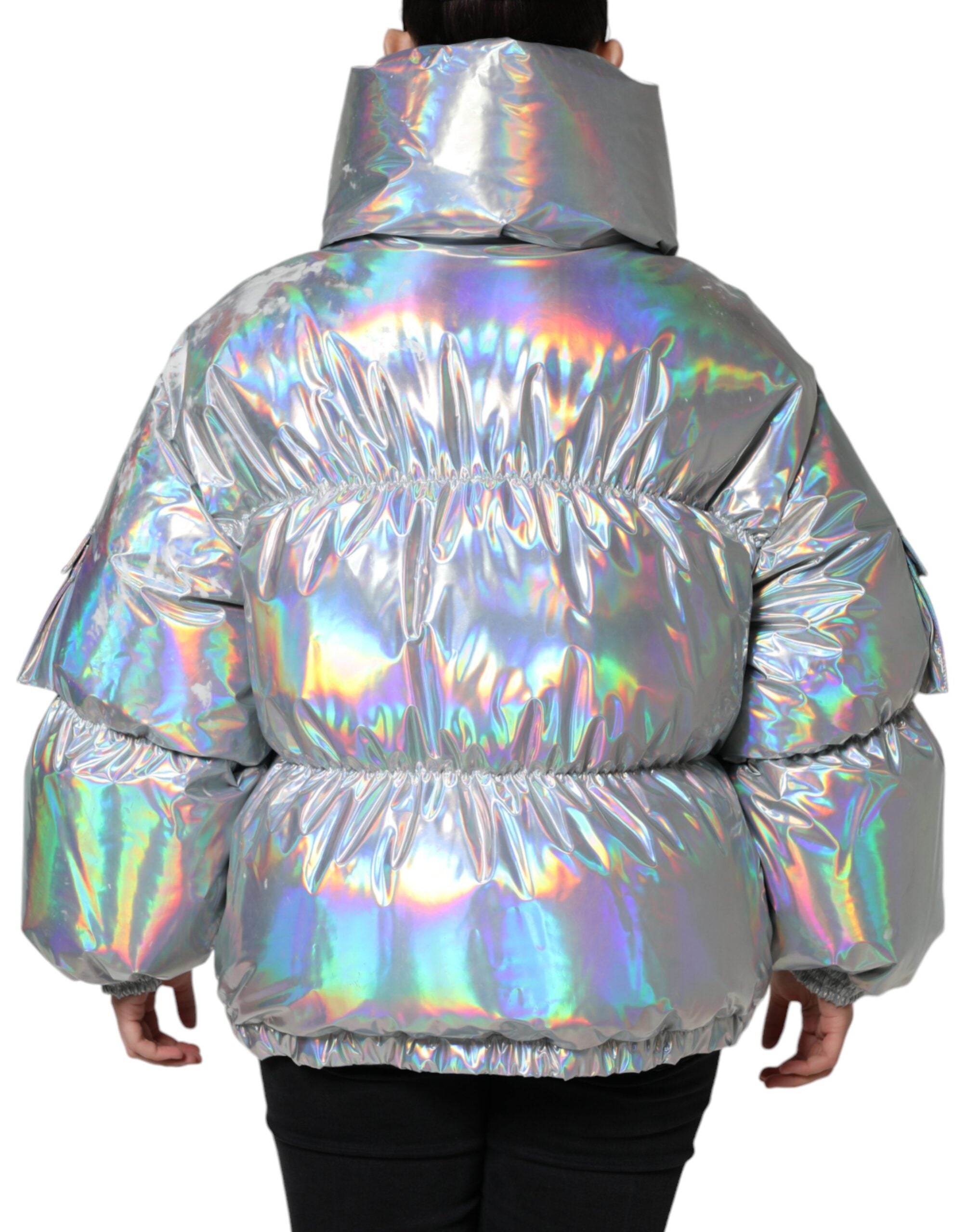 Dolce &amp; Gabbana Silver Iridescent Puffer jakke med fuld lynlås