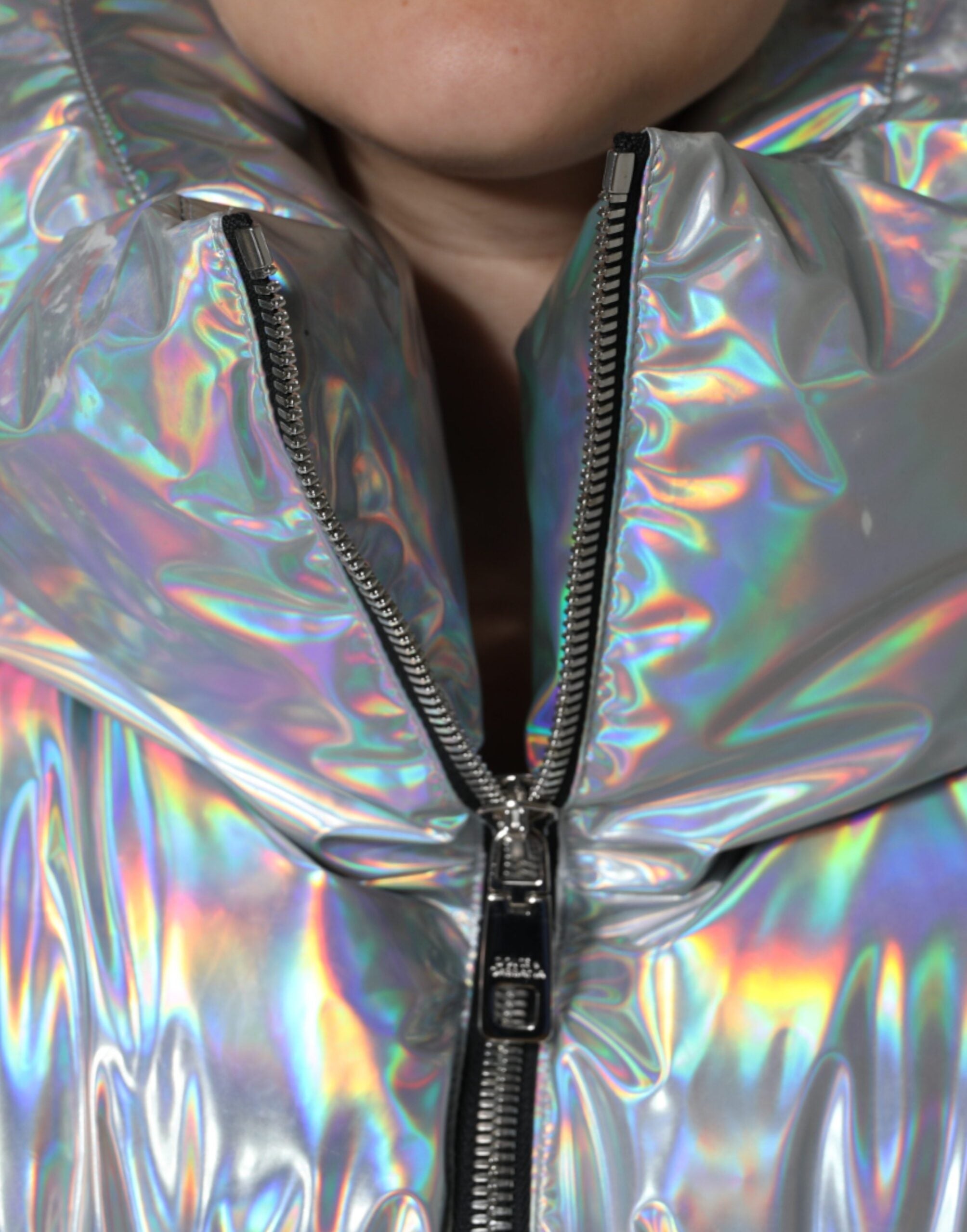 Dolce &amp; Gabbana Silver Iridescent Puffer jakke med fuld lynlås