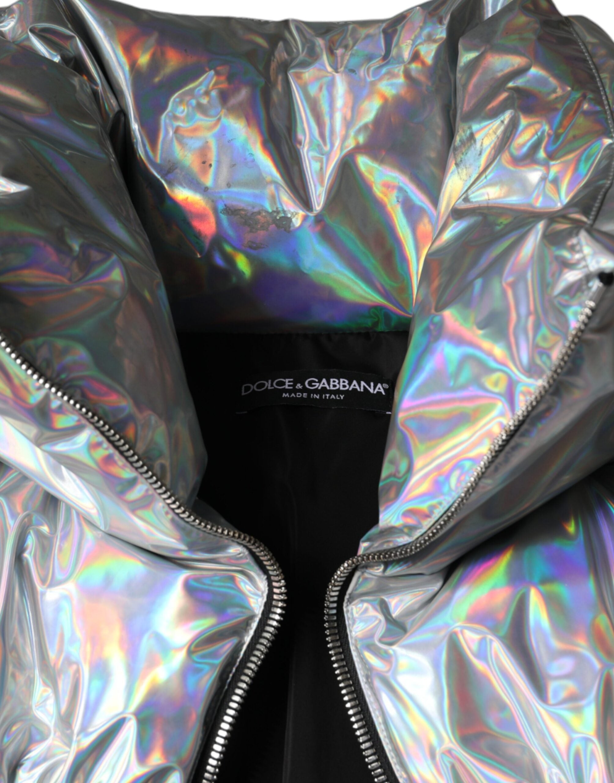 Dolce &amp; Gabbana Silver Iridescent Puffer jakke med fuld lynlås
