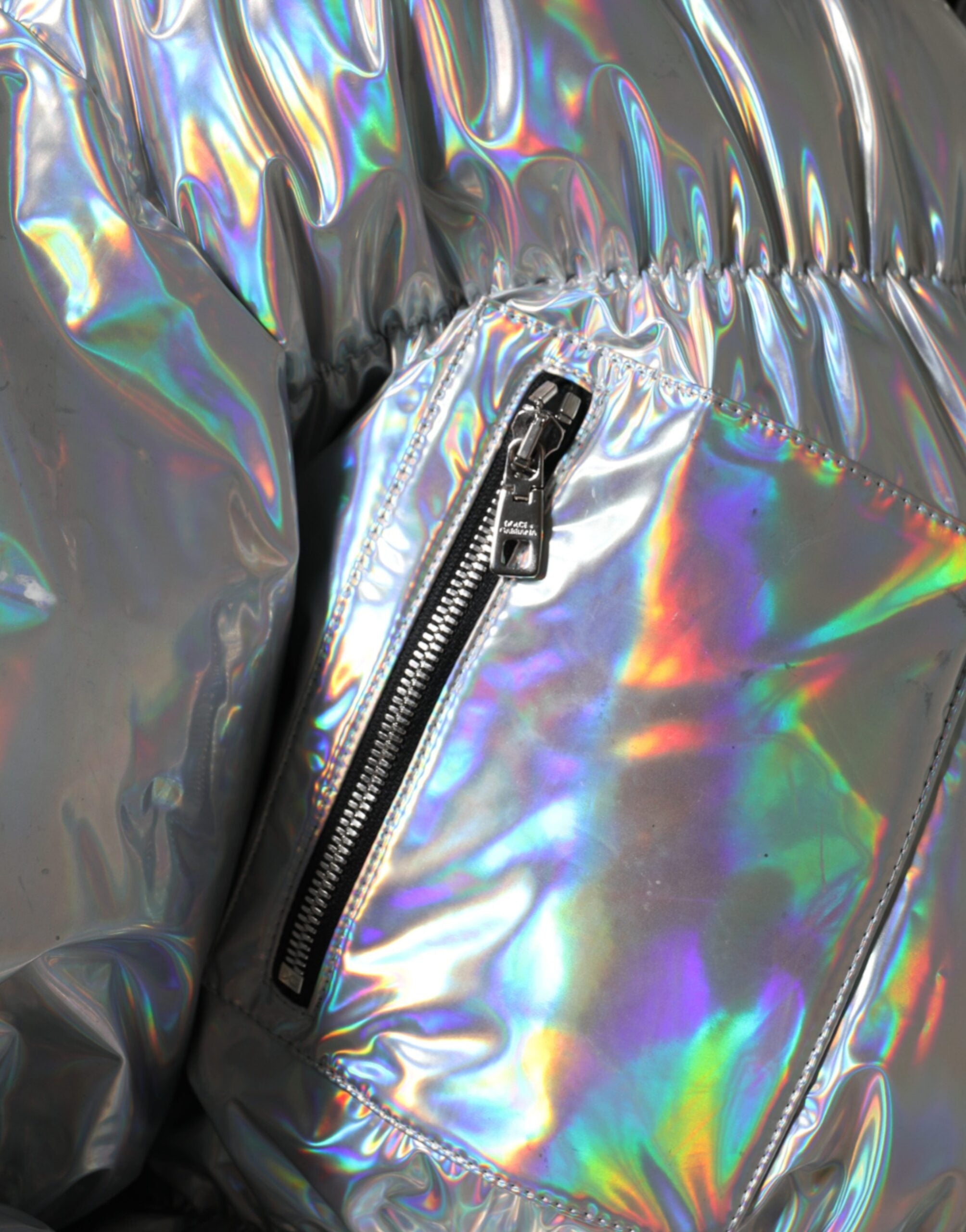 Dolce &amp; Gabbana Silver Iridescent Puffer jakke med fuld lynlås