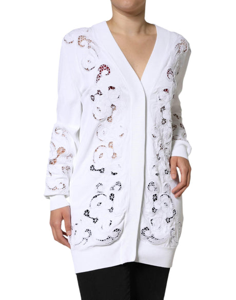 Dolce & Gabbana White Viscose Floral Cut Out Cardigan Sweater - Hilstor