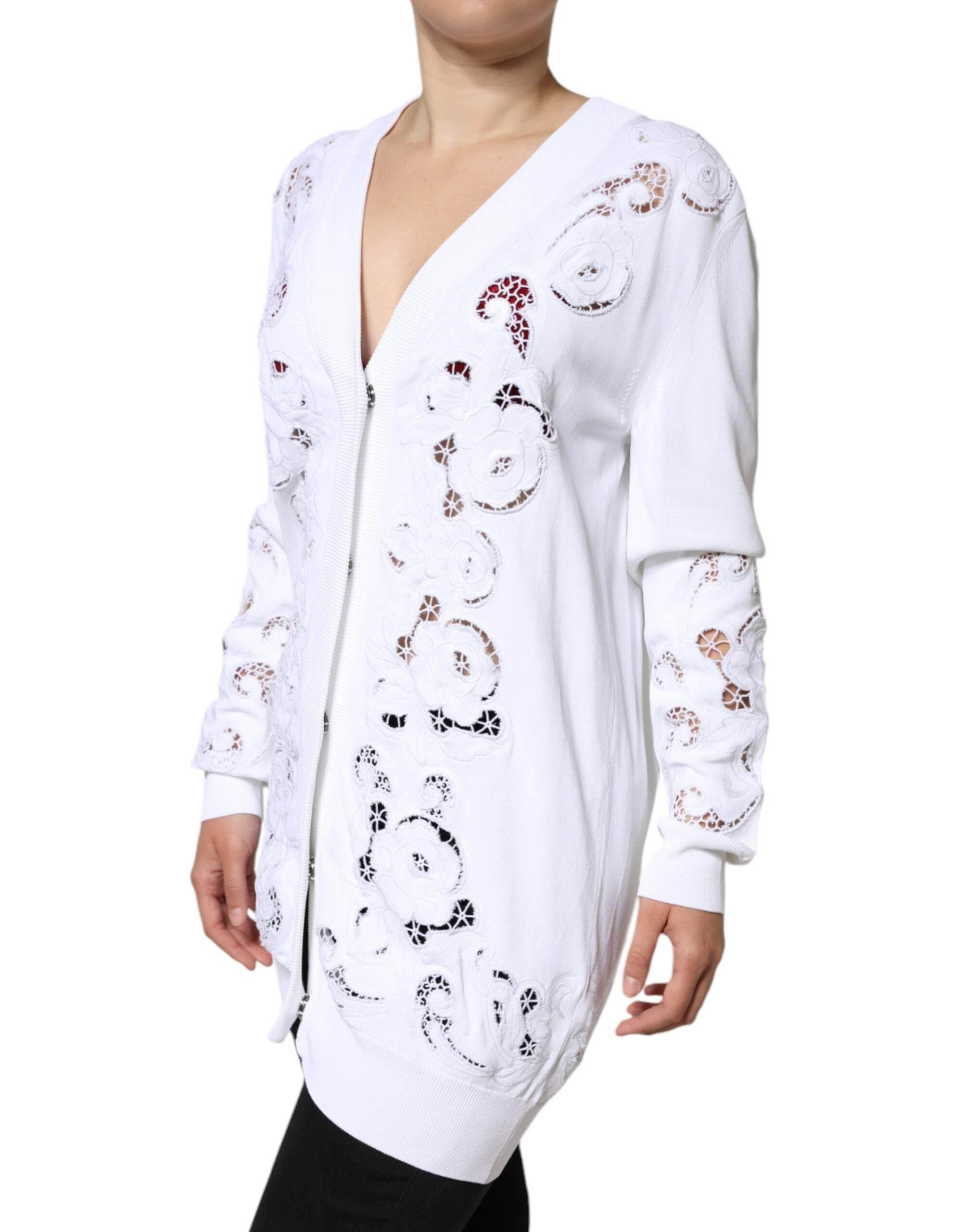 Dolce & Gabbana White Viscose Floral Cut Out Cardigan Sweater - Hilstor