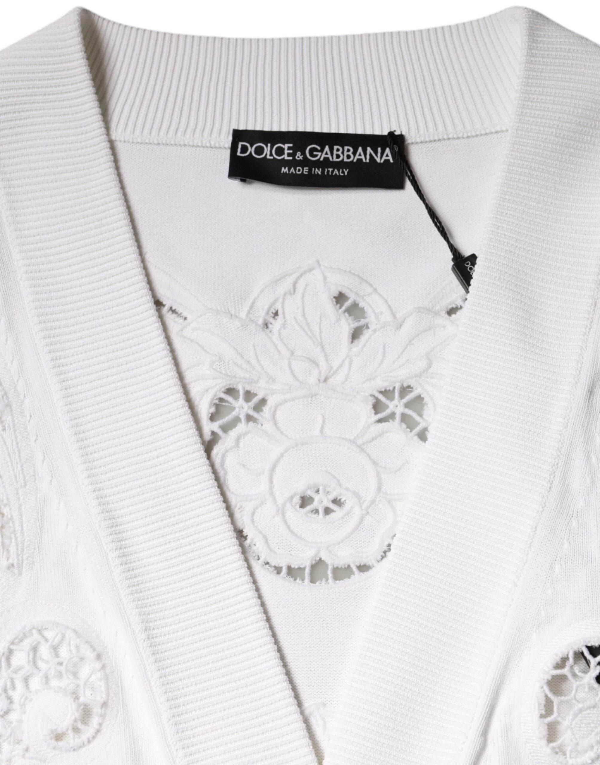 Dolce & Gabbana White Viscose Floral Cut Out Cardigan Sweater - Hilstor
