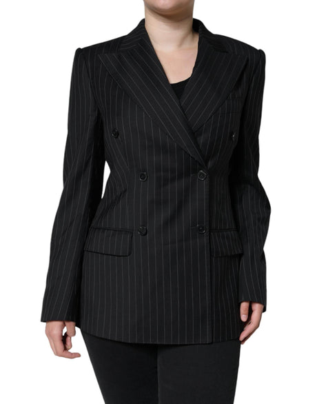 Dolce & Gabbana Black Striped Double Breasted Coat Jacket - Hilstor
