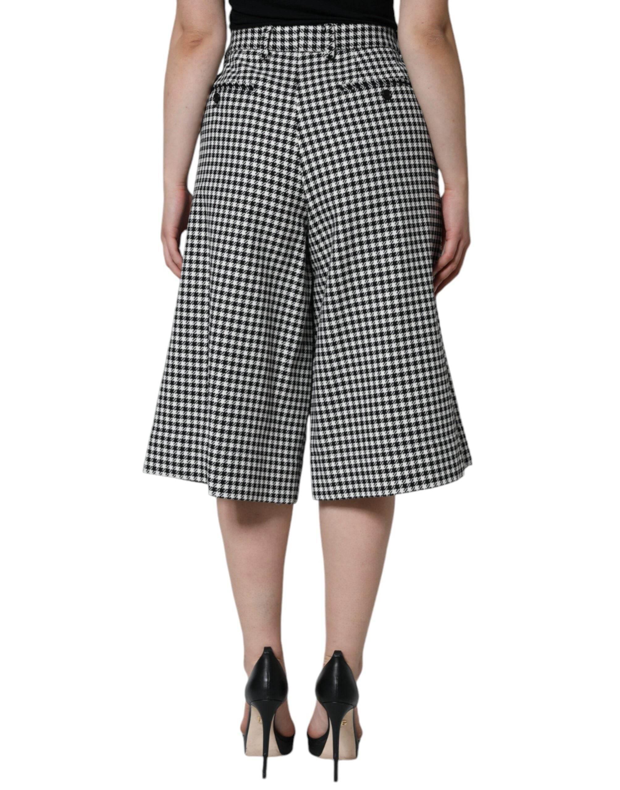 Dolce & Gabbana Black White Houndstooth Cropped Wide Leg Pants - Hilstor