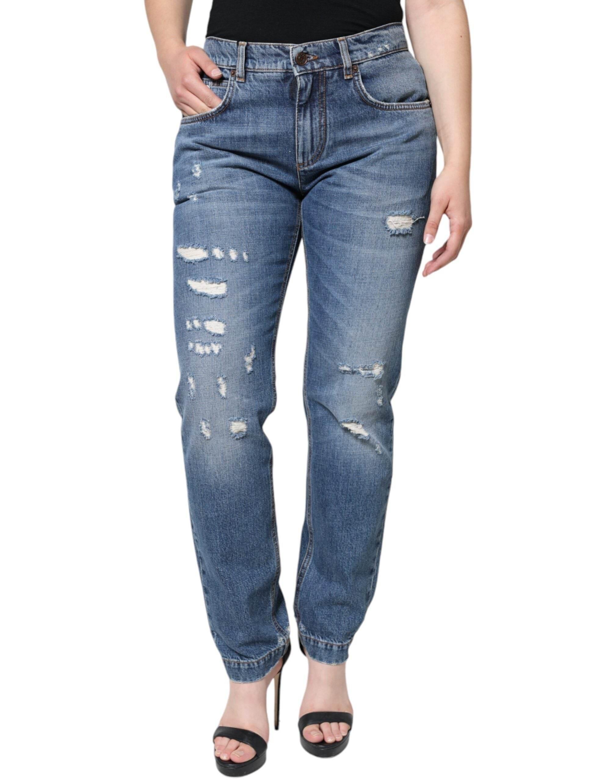 Dolce & Gabbana Blue Cotton Tattered Boyfriend Denim Jeans - Hilstor