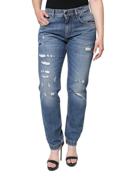 Dolce & Gabbana Blue Cotton Tattered Boyfriend Denim Jeans - Hilstor