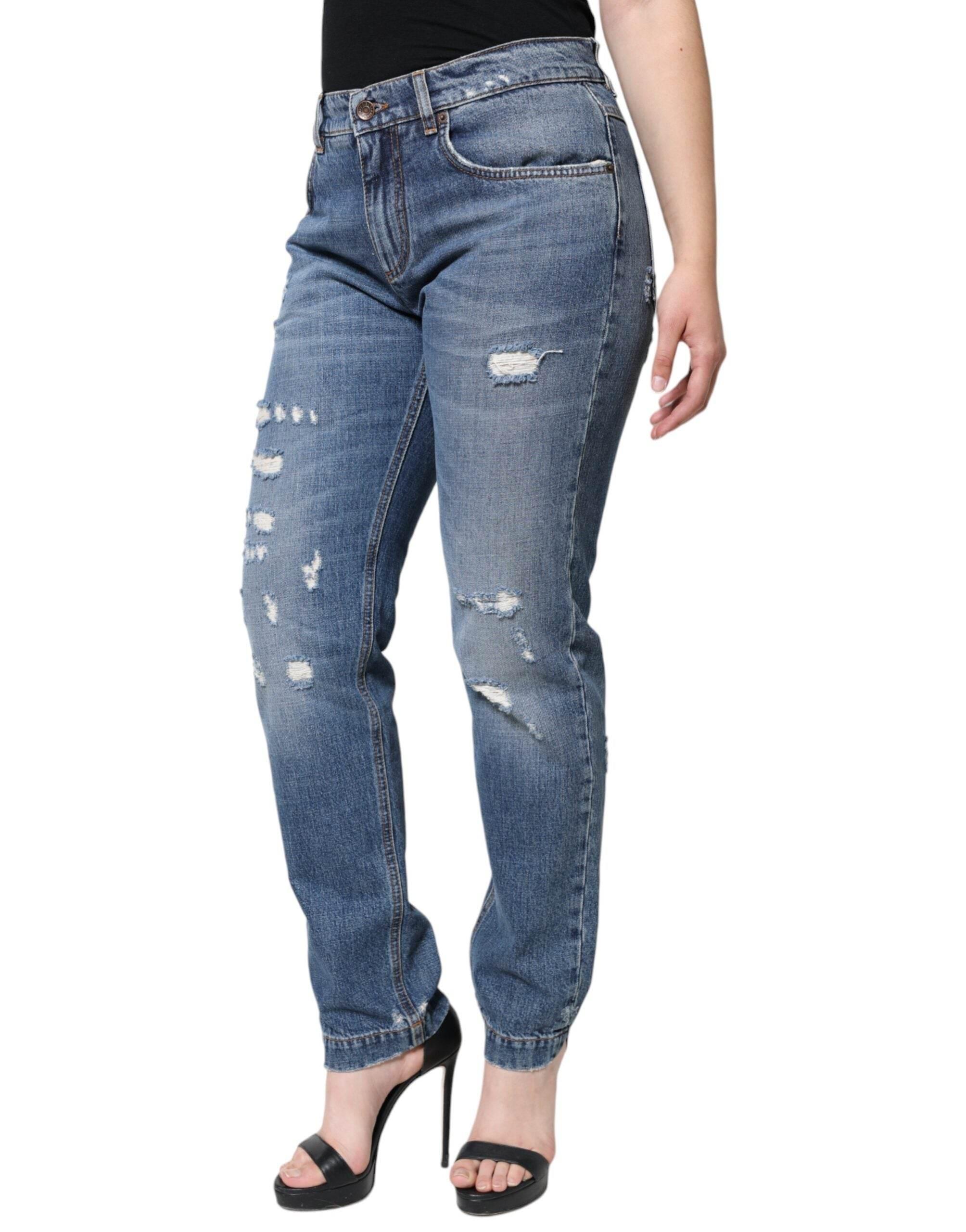 Dolce & Gabbana Blue Cotton Tattered Boyfriend Denim Jeans - Hilstor