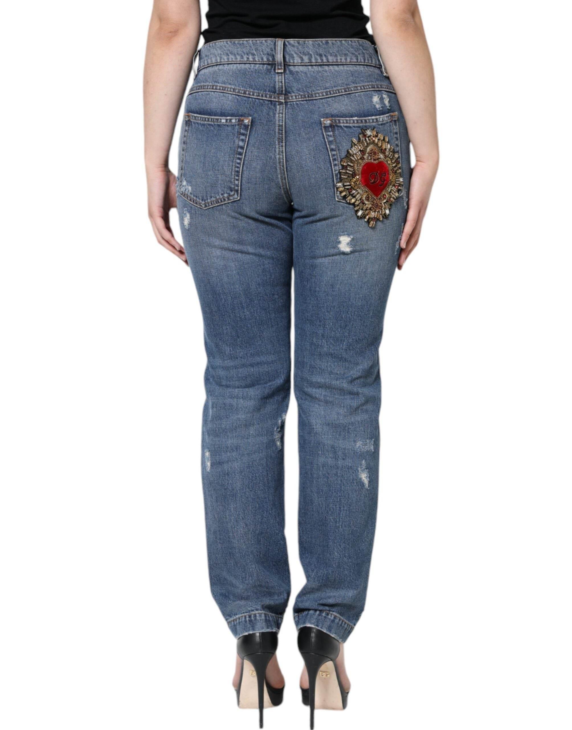 Dolce & Gabbana Blue Cotton Tattered Boyfriend Denim Jeans - Hilstor
