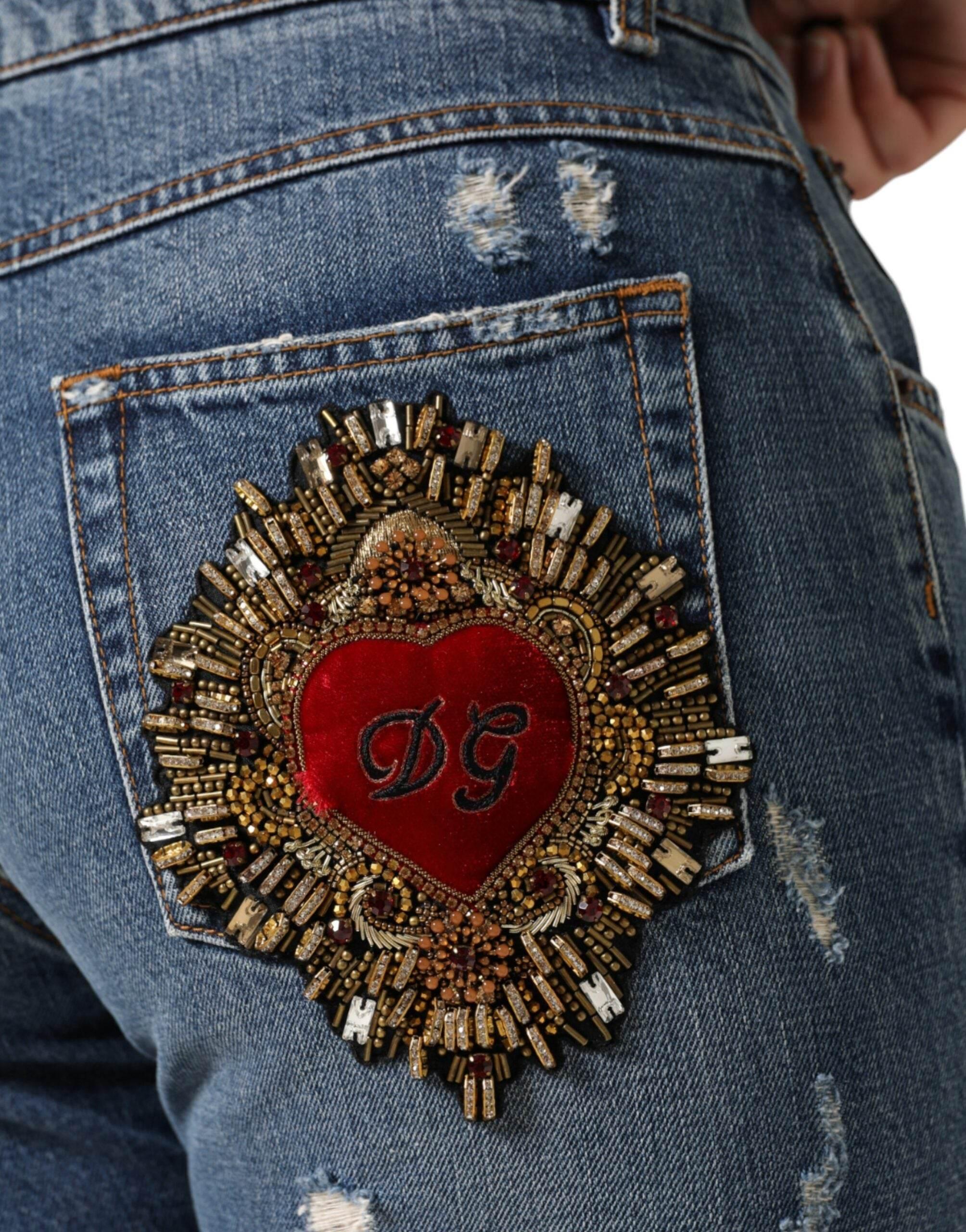 Dolce & Gabbana Blue Cotton Tattered Boyfriend Denim Jeans - Hilstor