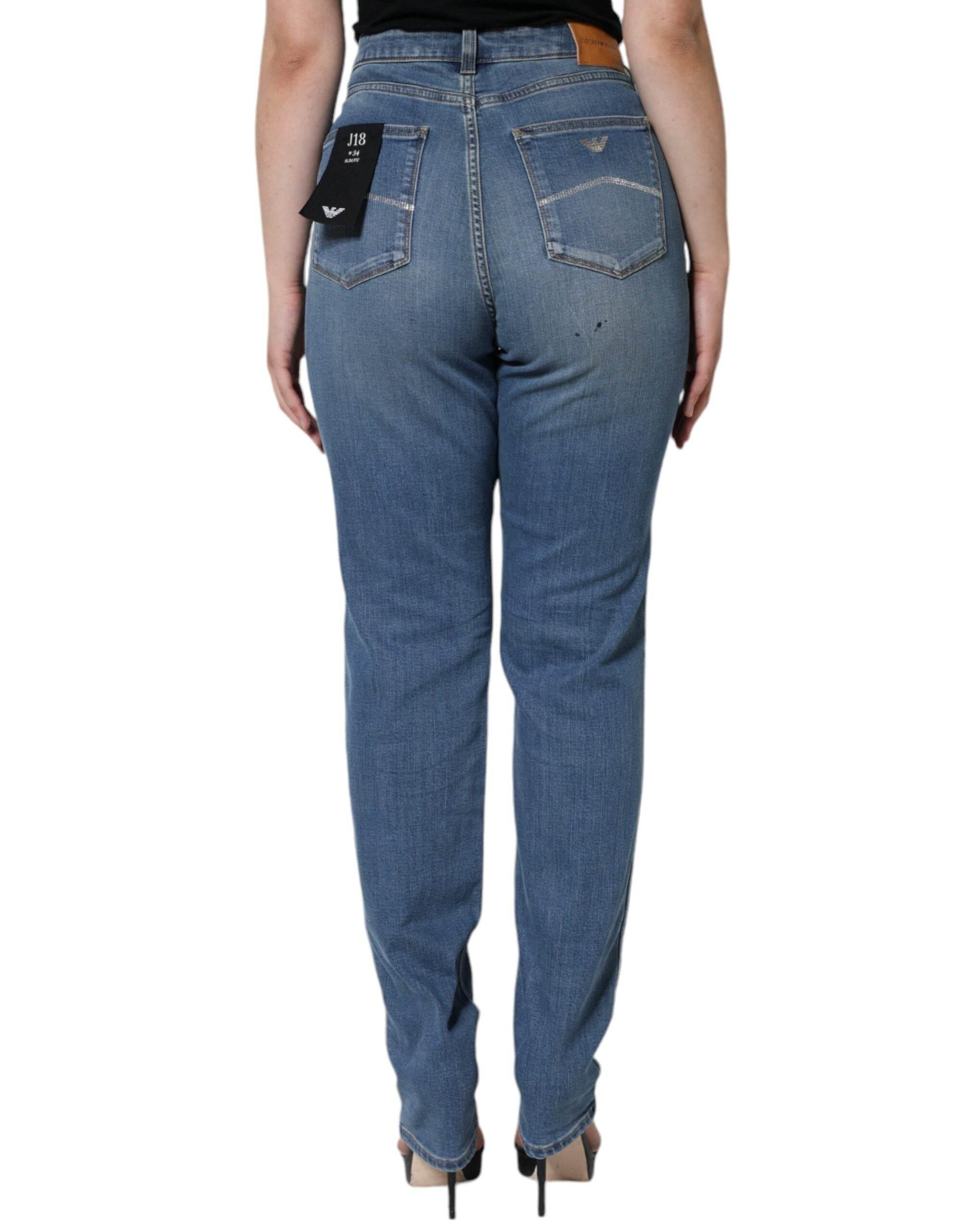 Emporio Armani Blue Washed High Waisted Skinny Women Denim Jeans - Hilstor