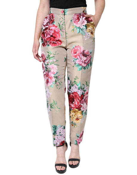 Dolce & Gabbana Beige Floral Jacquard High Waist Tapered Pants - Hilstor