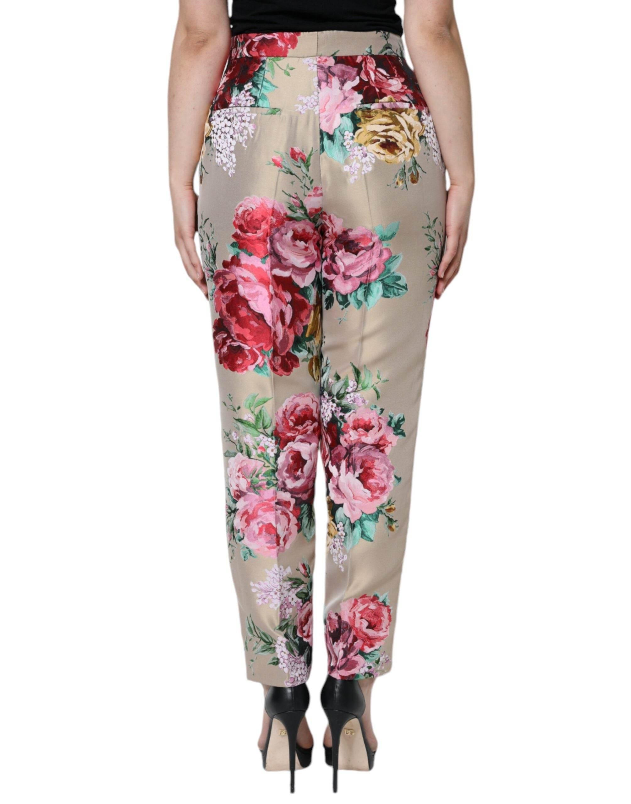 Dolce & Gabbana Beige Floral Jacquard High Waist Tapered Pants - Hilstor