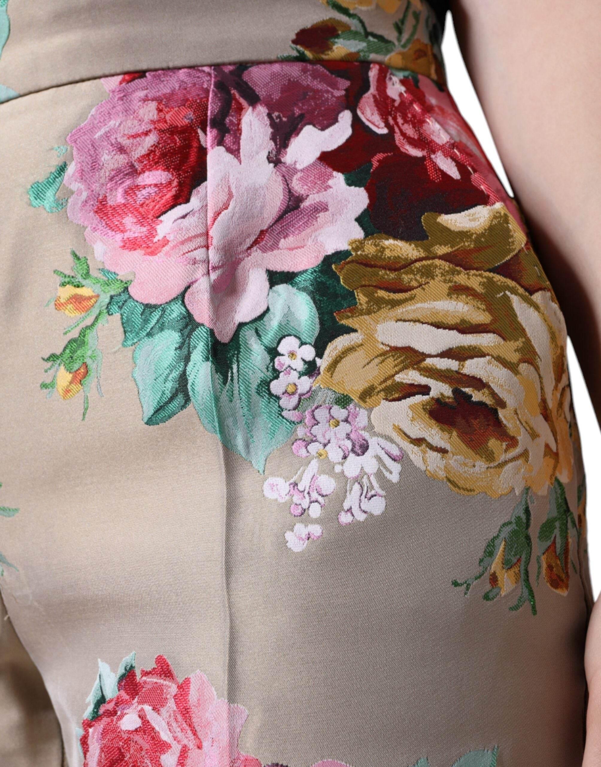 Dolce & Gabbana Beige Floral Jacquard High Waist Tapered Pants - Hilstor