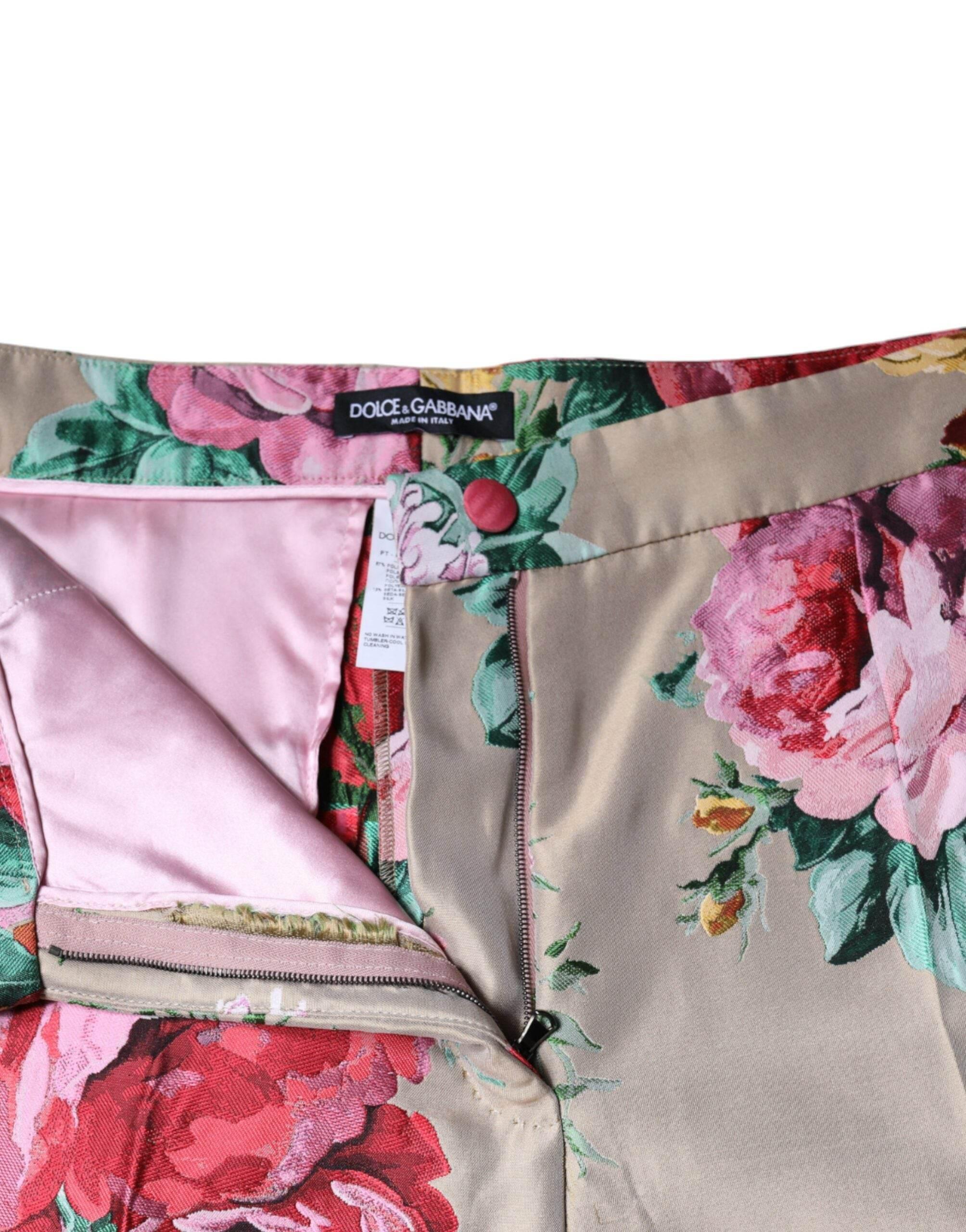 Dolce & Gabbana Beige Floral Jacquard High Waist Tapered Pants - Hilstor