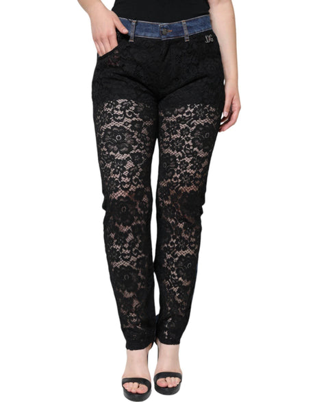 Dolce & Gabbana Black Floral Lace Front Skinny Denim Jeans - Hilstor