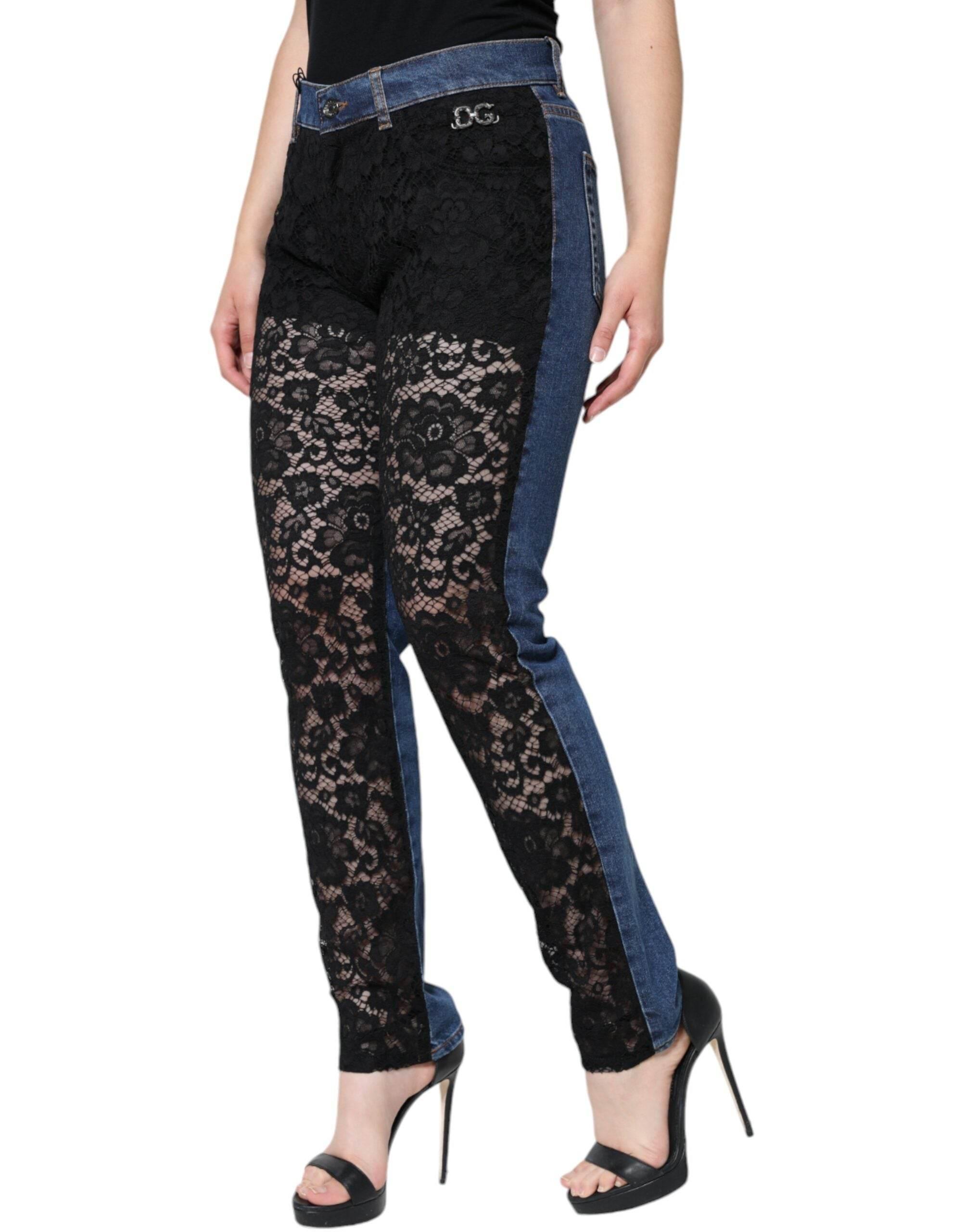 Dolce & Gabbana Black Floral Lace Front Skinny Denim Jeans - Hilstor