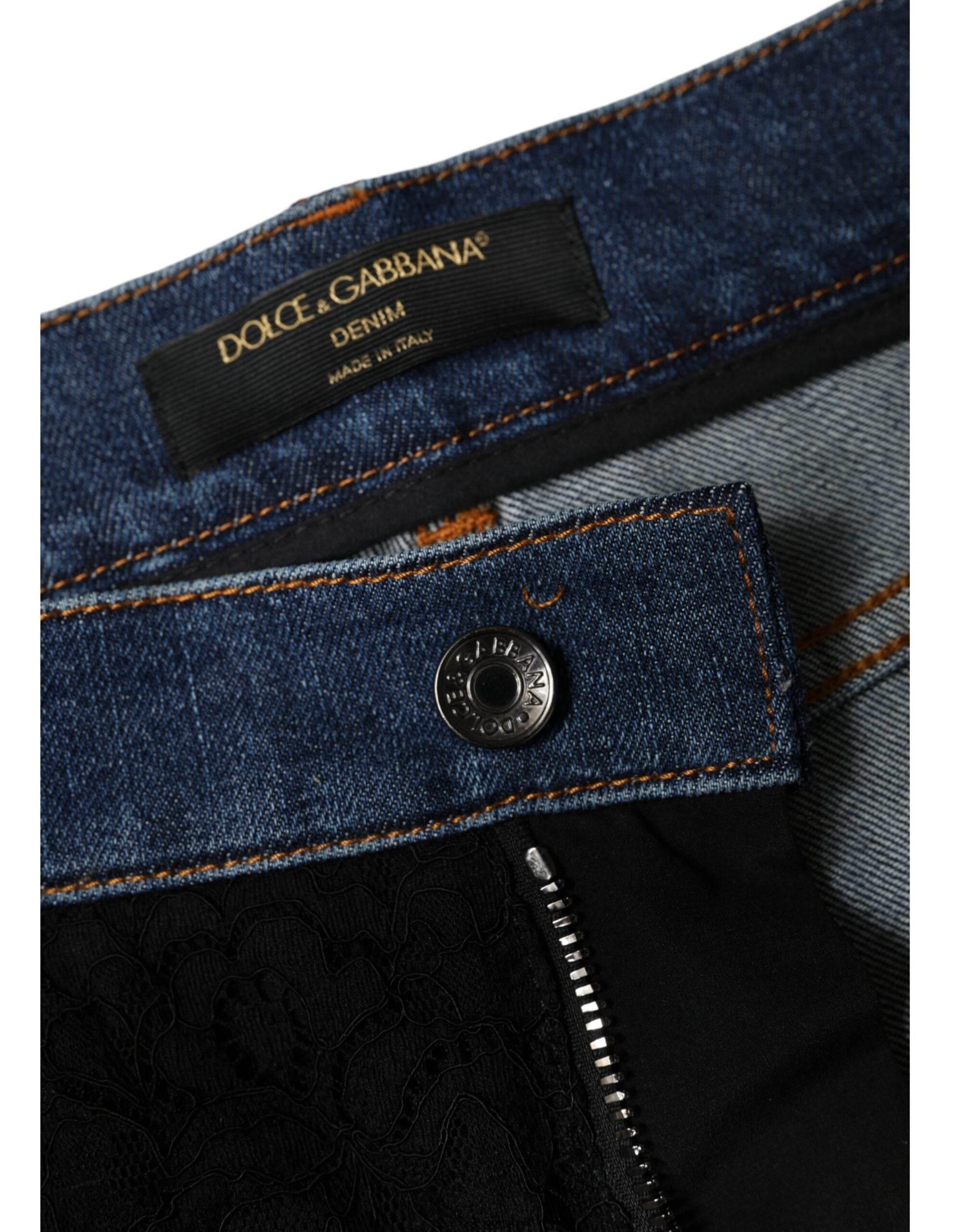 Dolce & Gabbana Black Floral Lace Front Skinny Denim Jeans - Hilstor