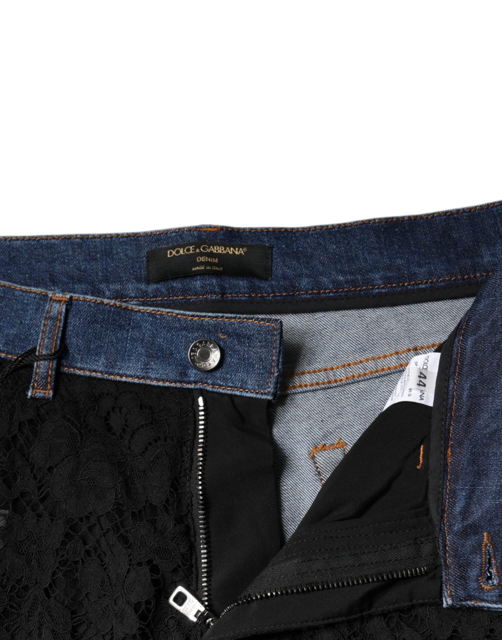 Dolce & Gabbana Black Floral Lace Front Skinny Denim Jeans - Hilstor
