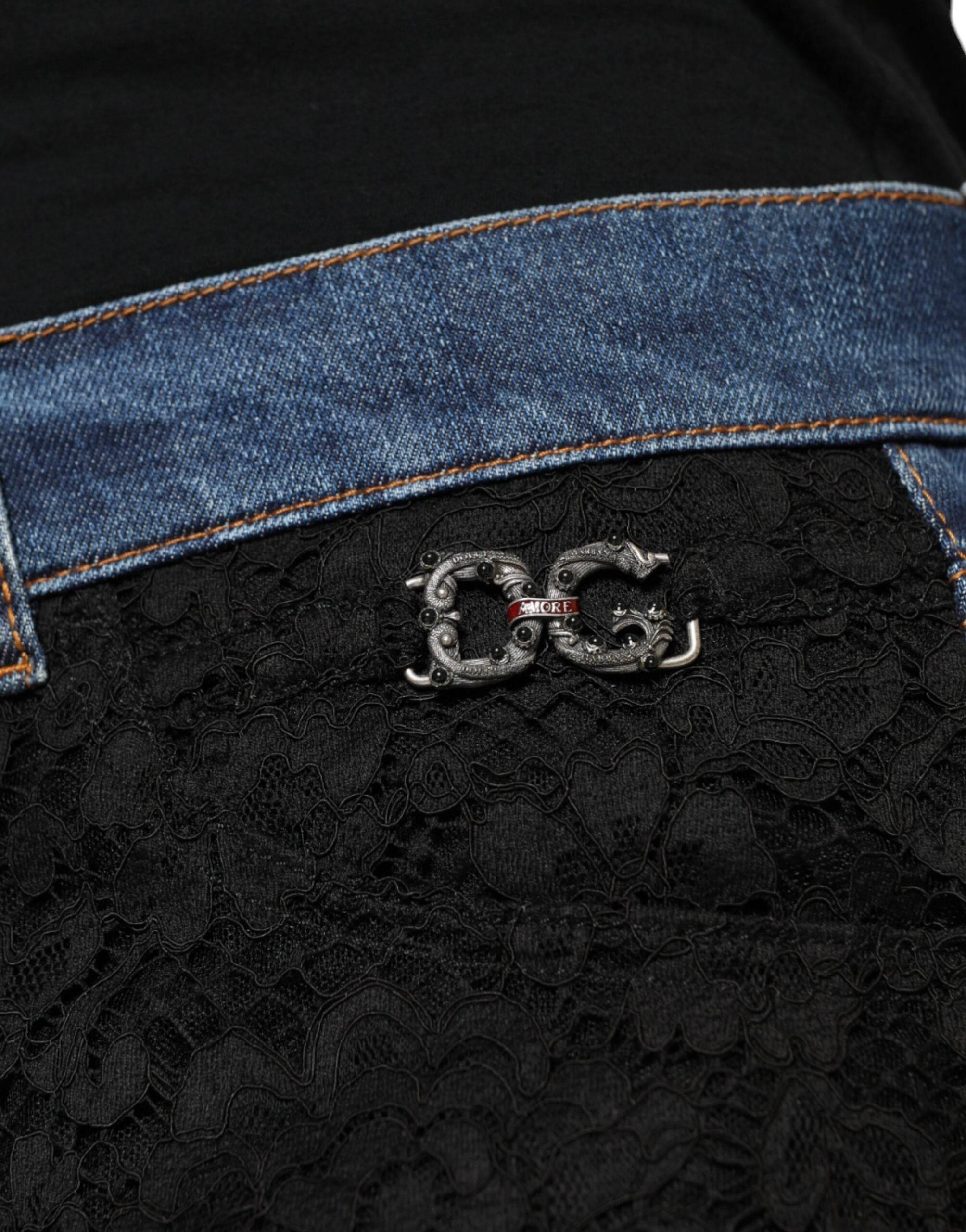 Dolce & Gabbana Black Floral Lace Front Skinny Denim Jeans - Hilstor