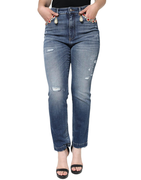 Dolce & Gabbana Dark Blue Cotton Tattered Skinny Denim Jeans - Hilstor