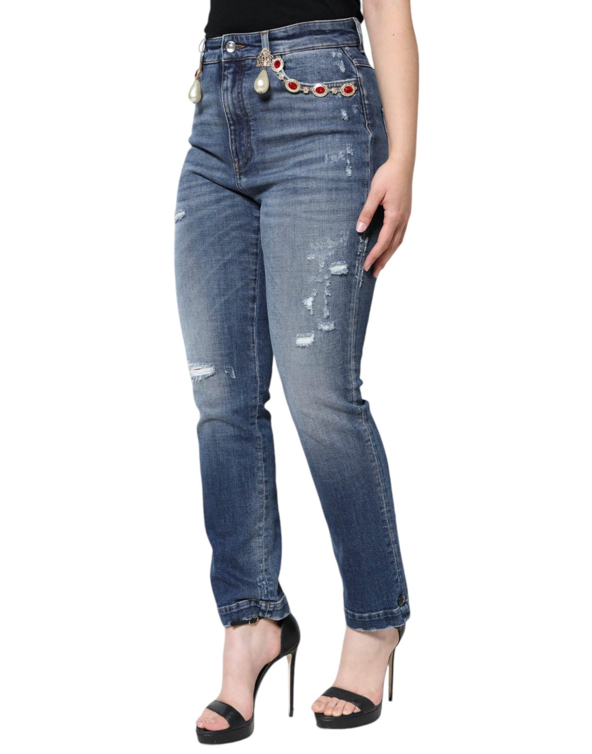 Dolce & Gabbana Dark Blue Cotton Tattered Skinny Denim Jeans - Hilstor
