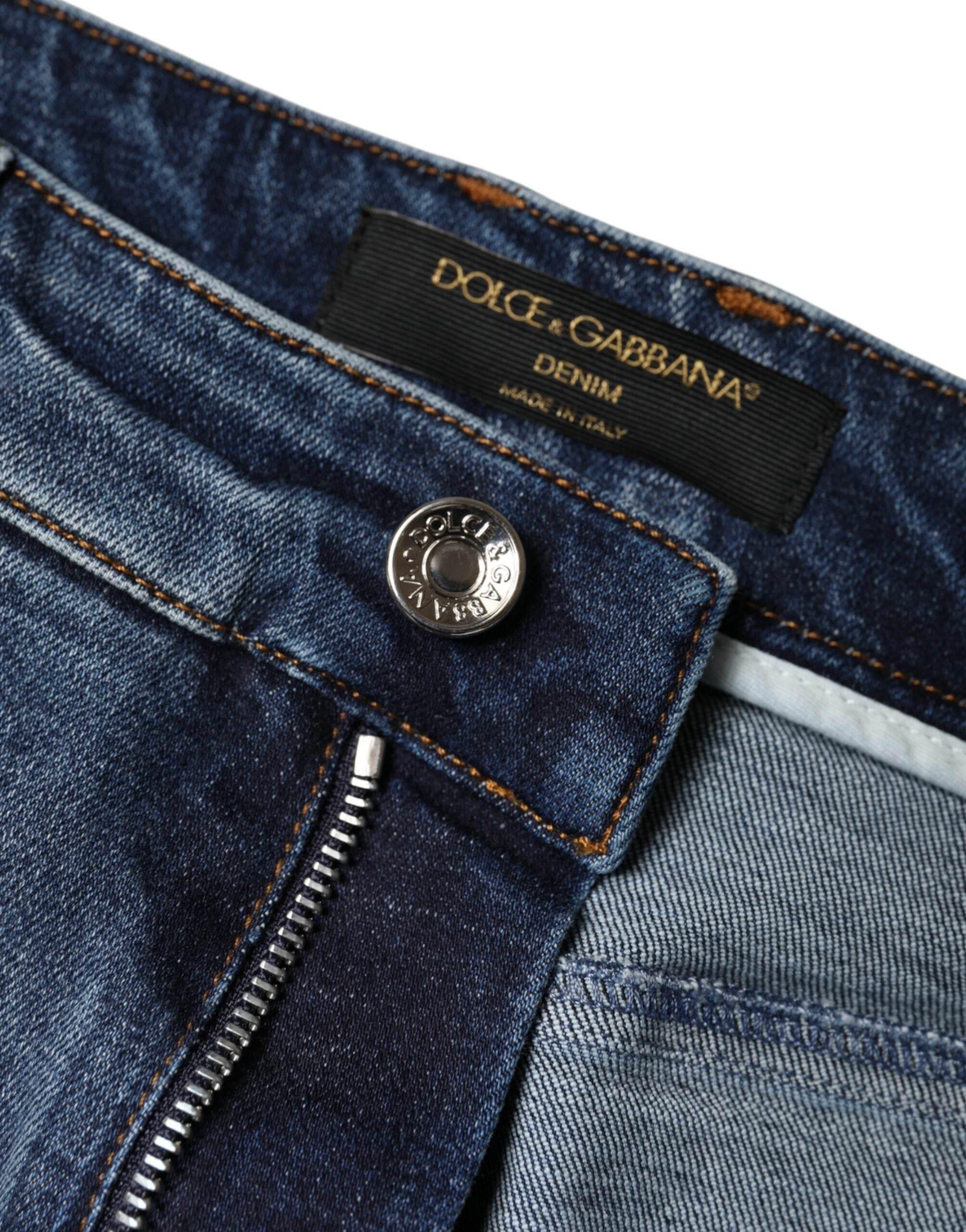 Dolce & Gabbana Dark Blue Cotton Tattered Skinny Denim Jeans - Hilstor