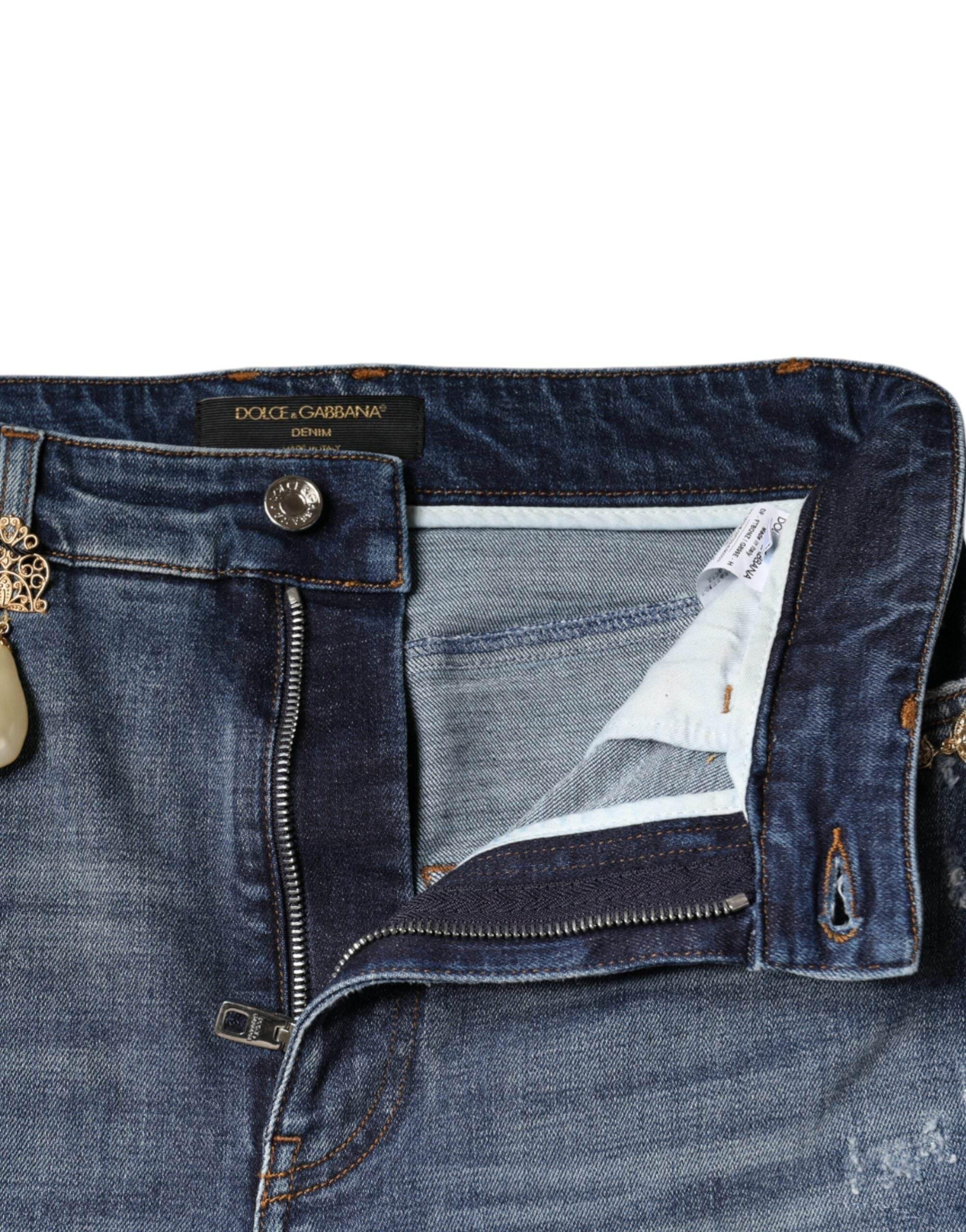 Dolce & Gabbana Dark Blue Cotton Tattered Skinny Denim Jeans - Hilstor