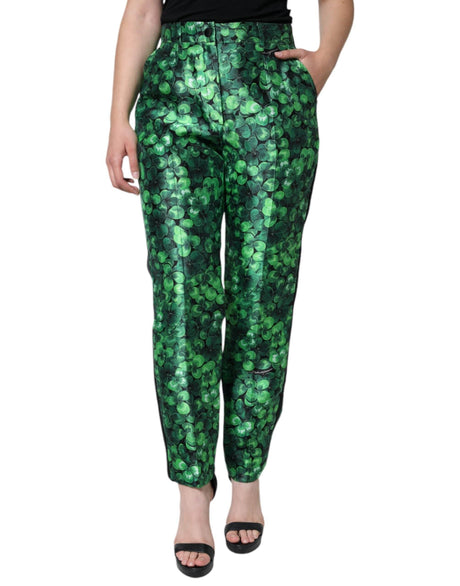 Dolce & Gabbana Green Clover Silk Satin High Waist Tapered Pants - Hilstor
