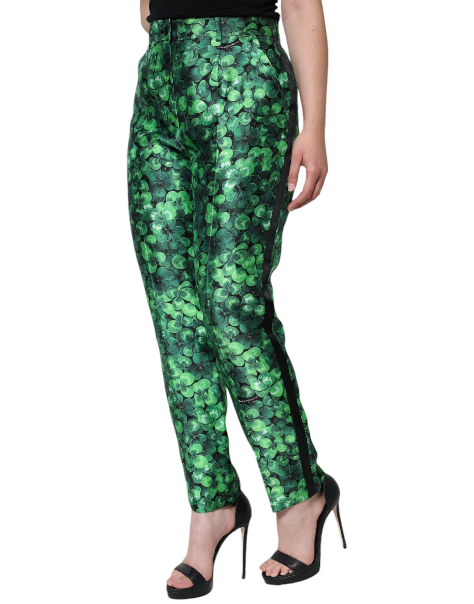 Dolce & Gabbana Green Clover Silk Satin High Waist Tapered Pants - Hilstor