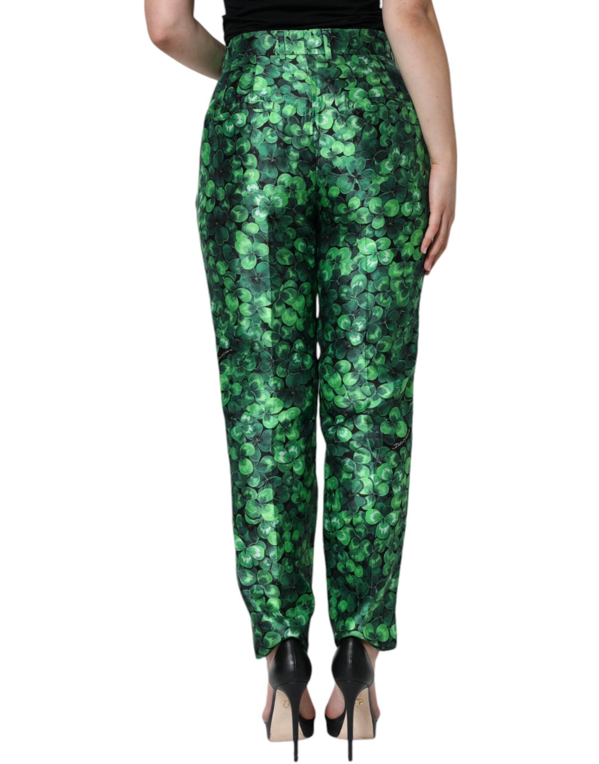 Dolce & Gabbana Green Clover Silk Satin High Waist Tapered Pants - Hilstor