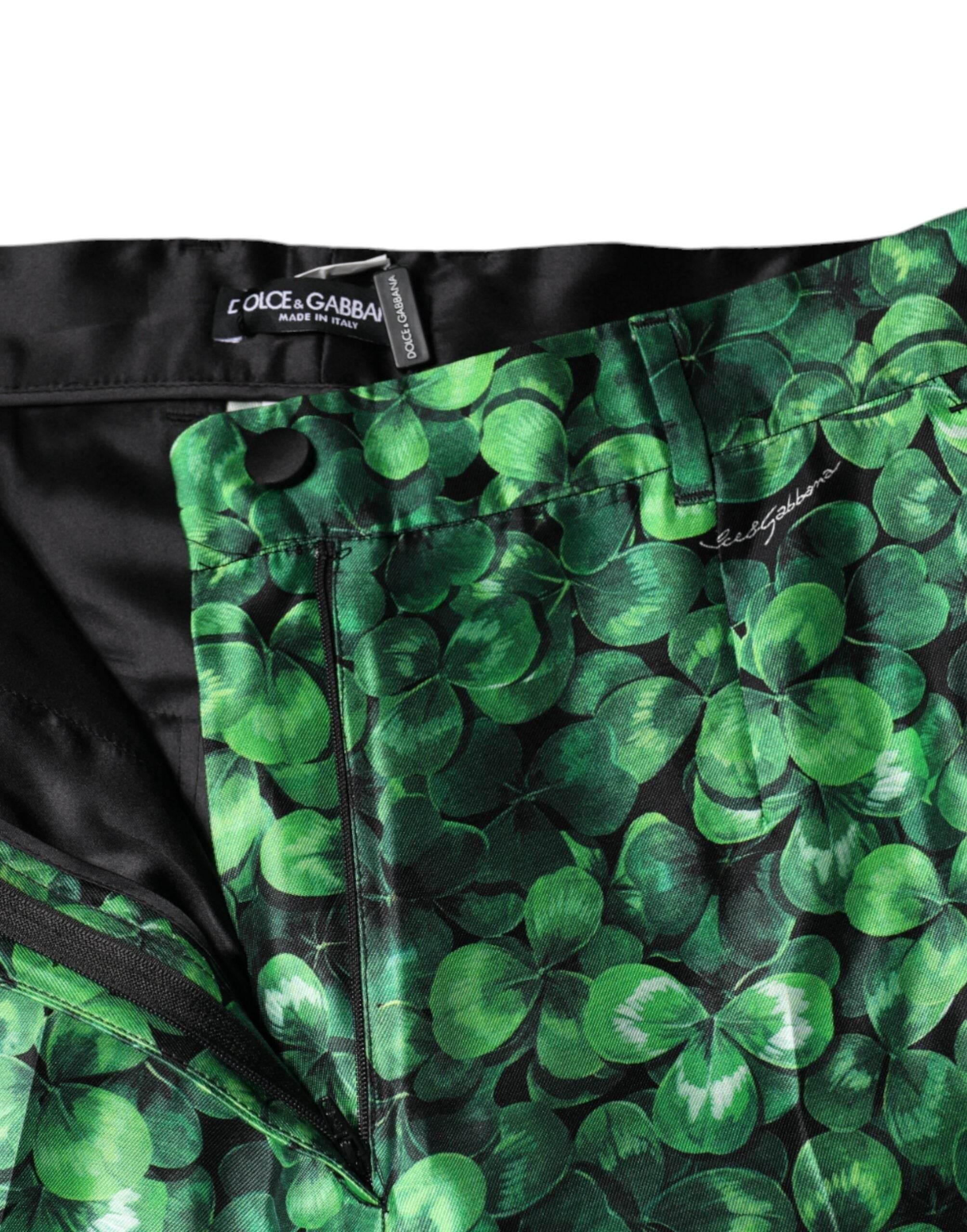 Dolce & Gabbana Green Clover Silk Satin High Waist Tapered Pants - Hilstor