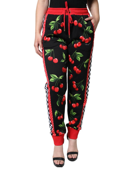 Dolce & Gabbana Black Red Cherry Mid Waist Jogger Pants - Hilstor