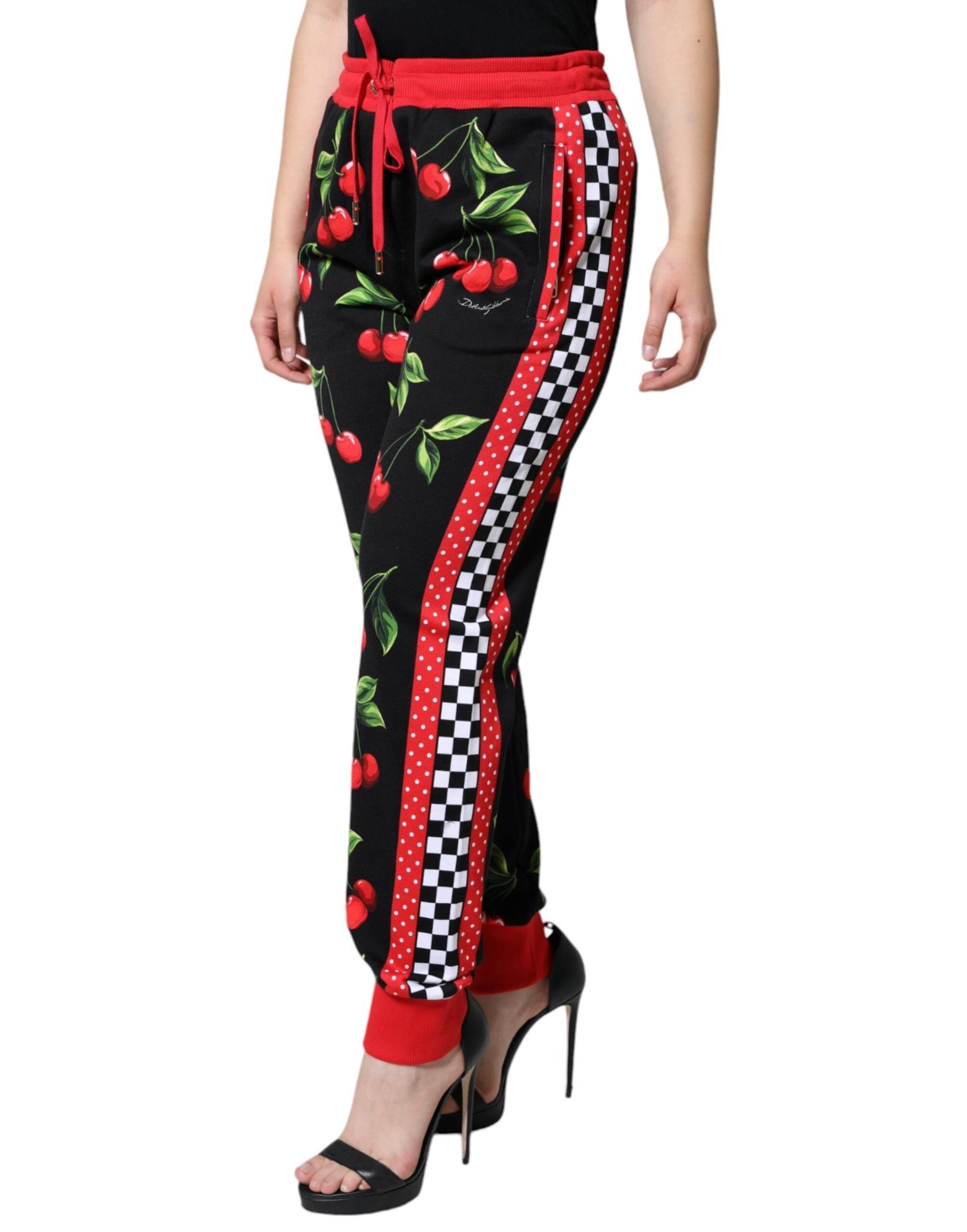 Dolce & Gabbana Black Red Cherry Mid Waist Jogger Pants - Hilstor
