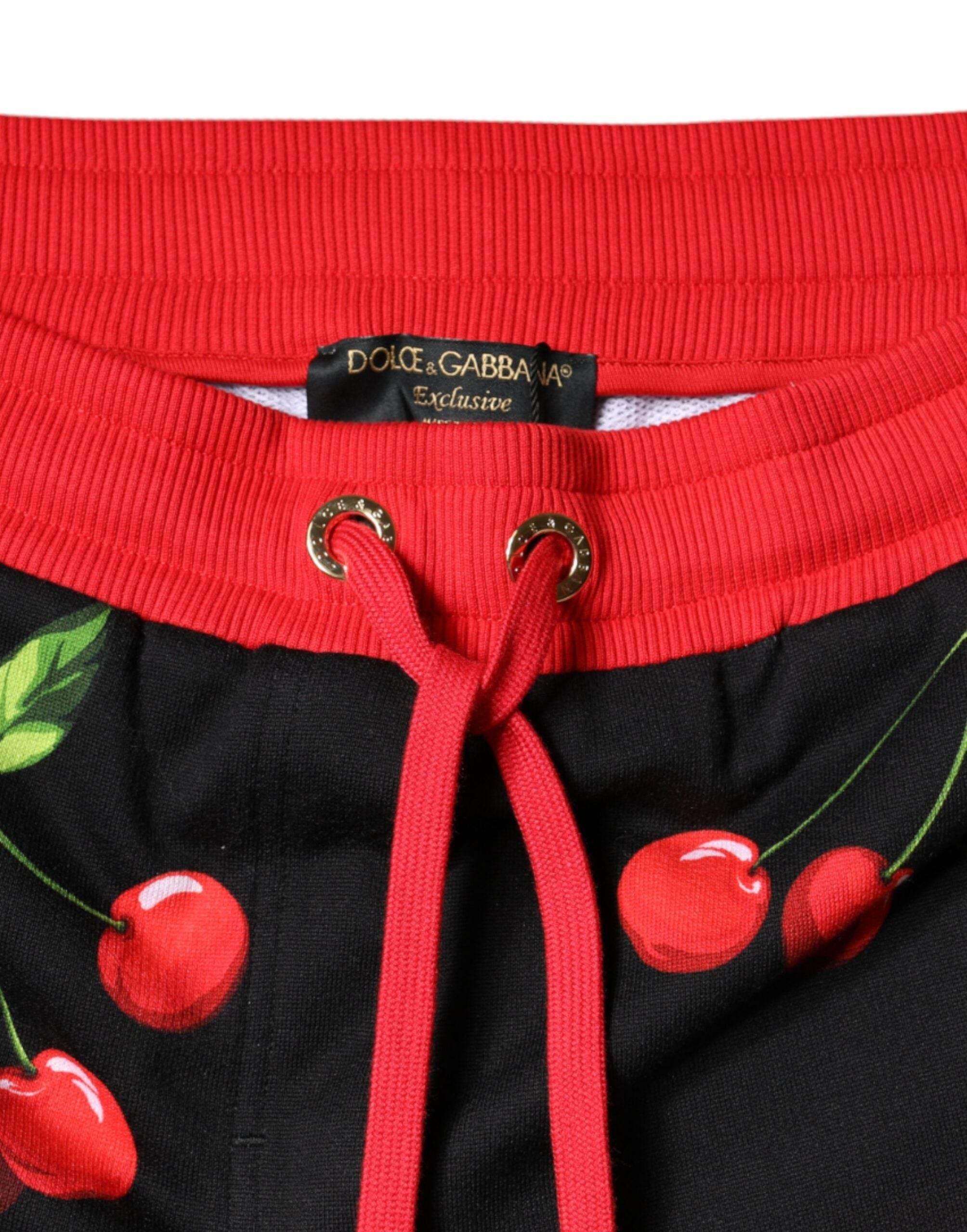 Dolce & Gabbana Black Red Cherry Mid Waist Jogger Pants - Hilstor
