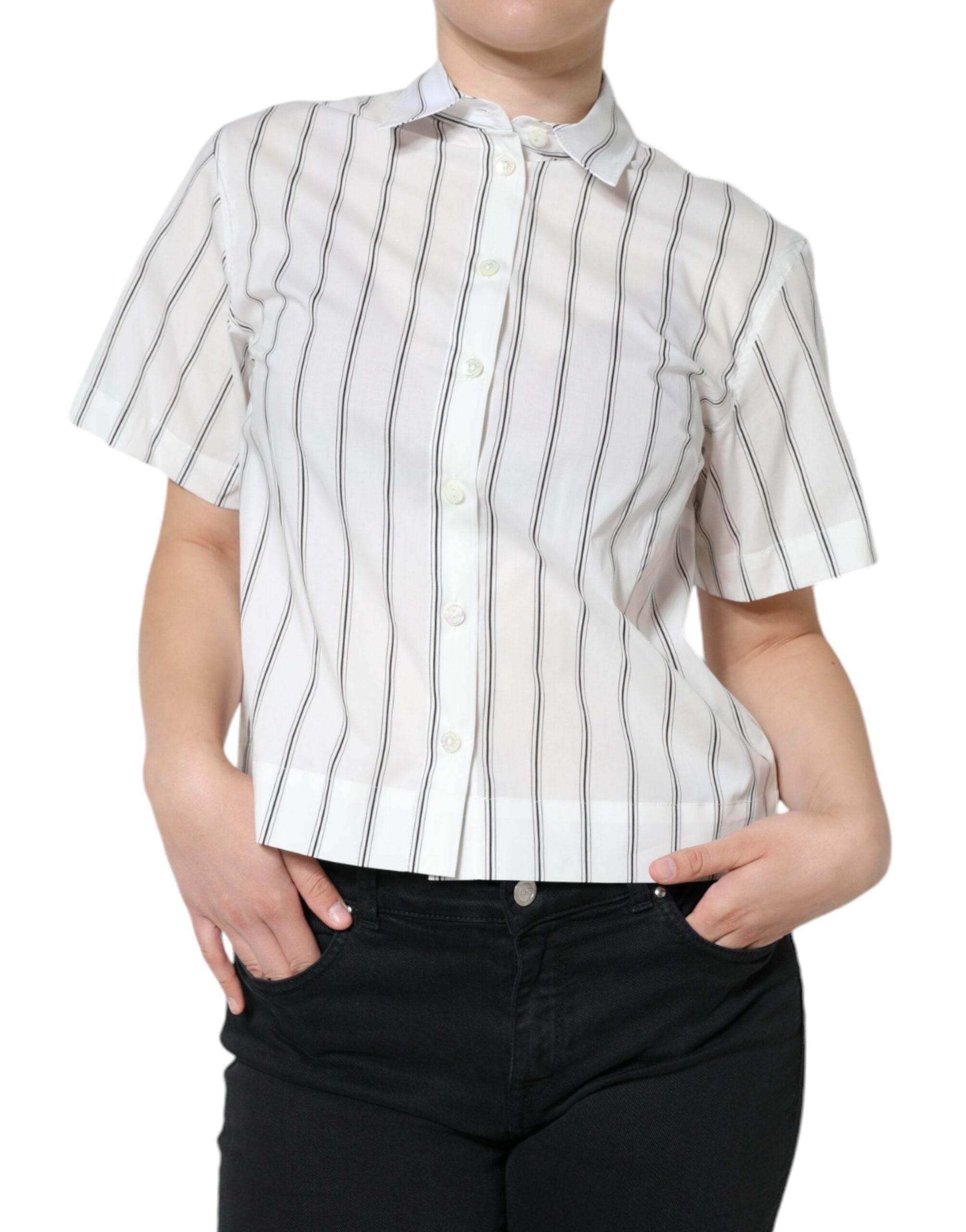 Dolce & Gabbana White Striped Collared Short Sleeve Polo Top - Hilstor