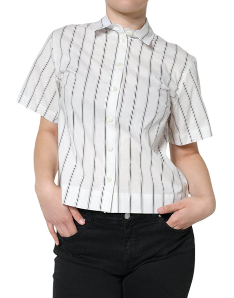 Dolce & Gabbana White Striped Collared Short Sleeve Polo Top - Hilstor