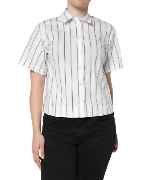 Dolce & Gabbana White Striped Collared Short Sleeve Polo Top - Hilstor