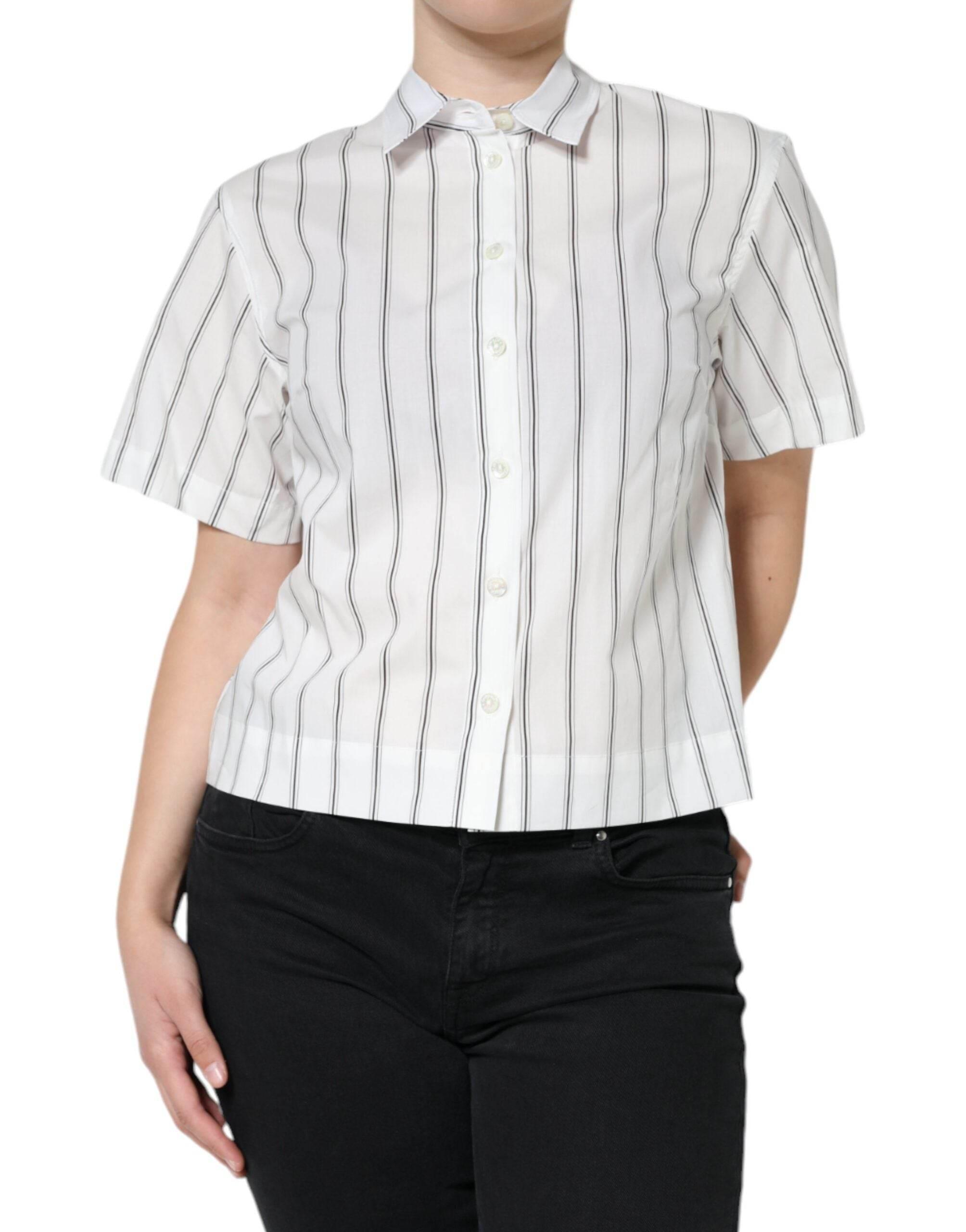 Dolce & Gabbana White Striped Collared Short Sleeve Polo Top - Hilstor