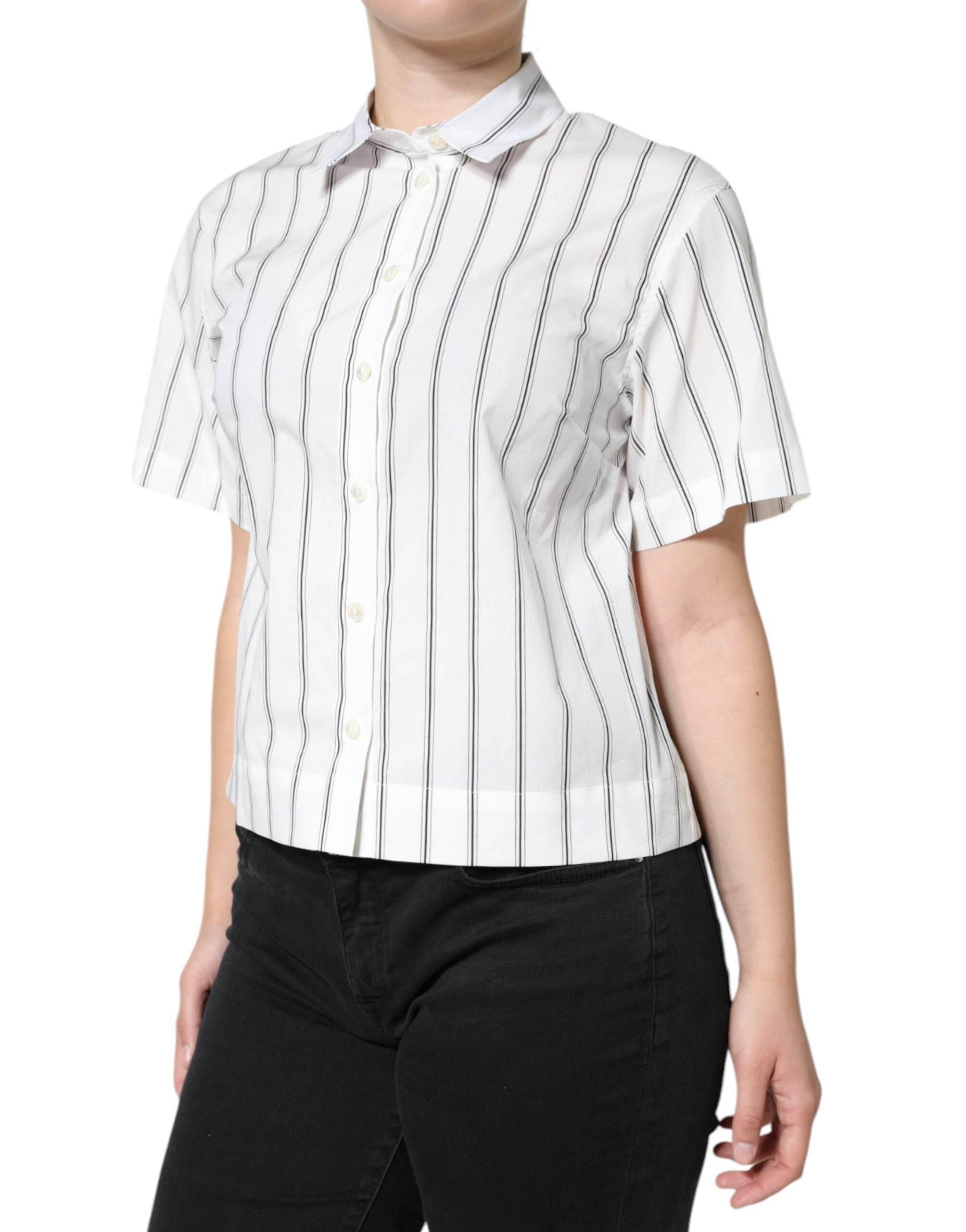 Dolce & Gabbana White Striped Collared Short Sleeve Polo Top - Hilstor