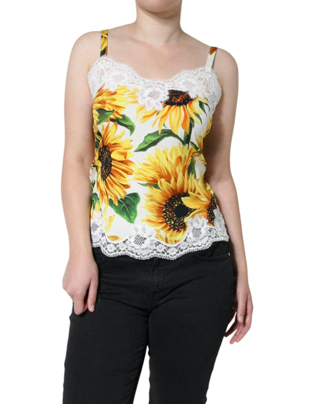 Dolce & Gabbana White Silk Sunflower Lace Sleeveless Tank Top - Hilstor
