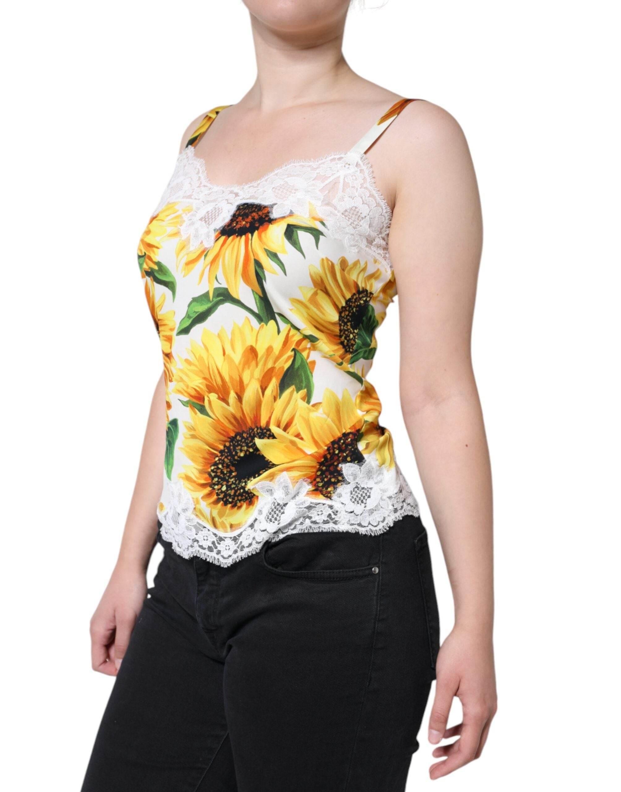 Dolce & Gabbana White Silk Sunflower Lace Sleeveless Tank Top - Hilstor