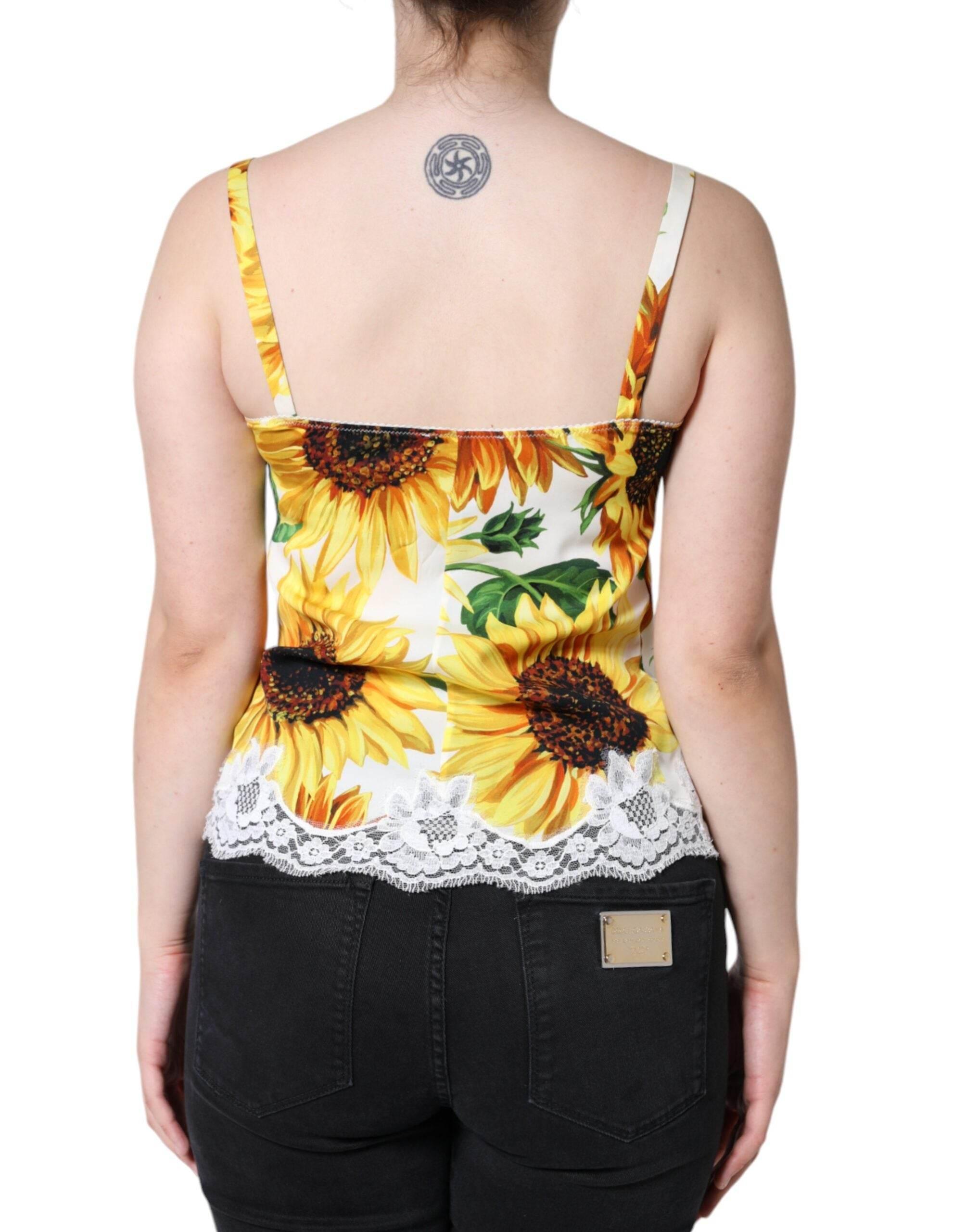 Dolce & Gabbana White Silk Sunflower Lace Sleeveless Tank Top - Hilstor
