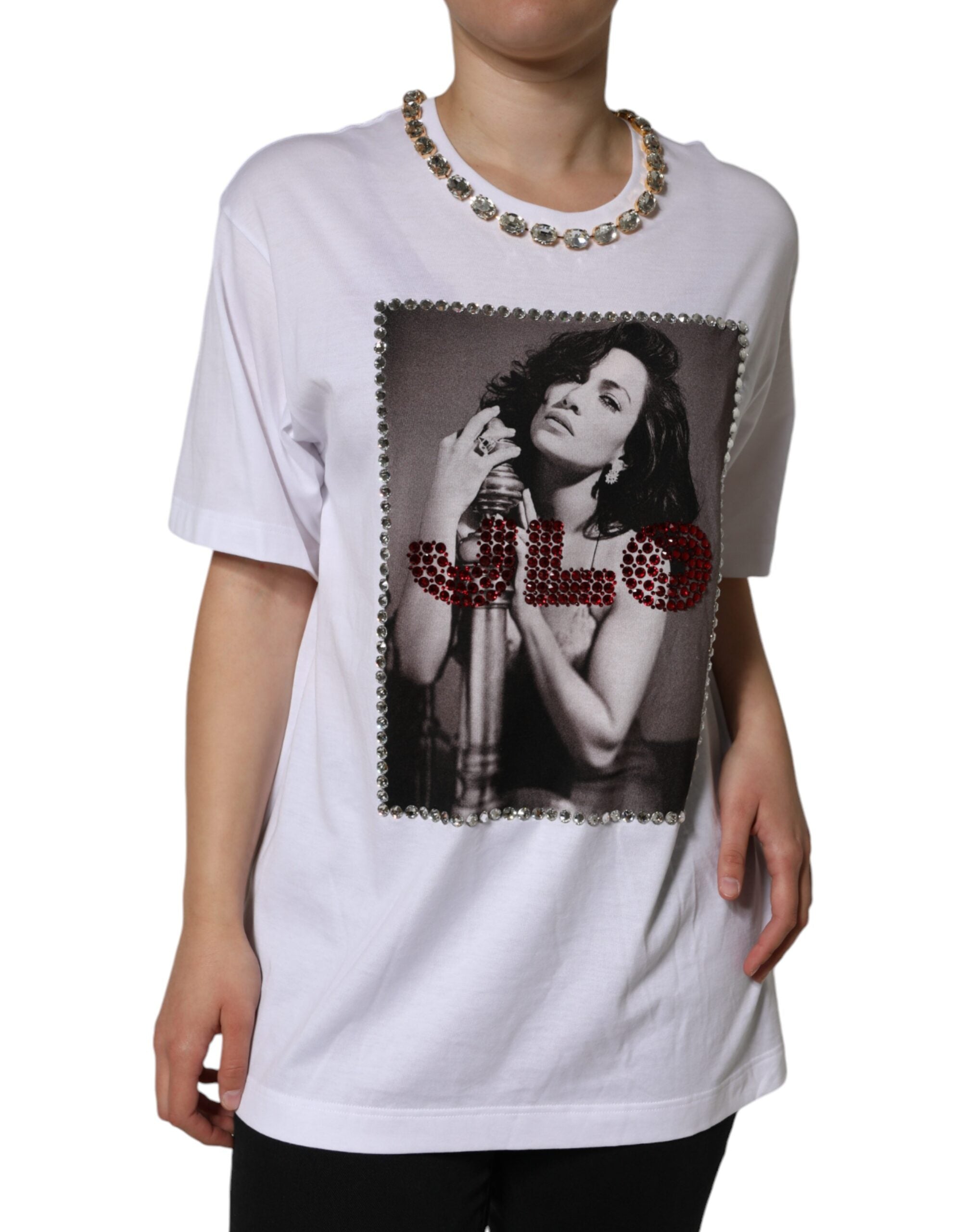 Dolce &amp; Gabbana hvid krystal halsudskæring udsmykket trykt T-shirt